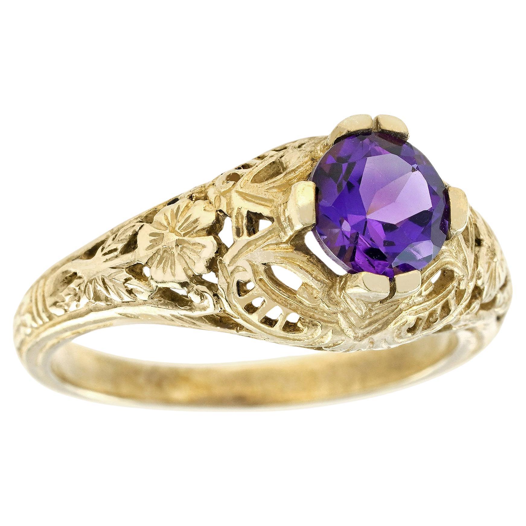 Natural Amethyst Vintage Style Filigree Ring in Solid 9K Yellow Gold For Sale
