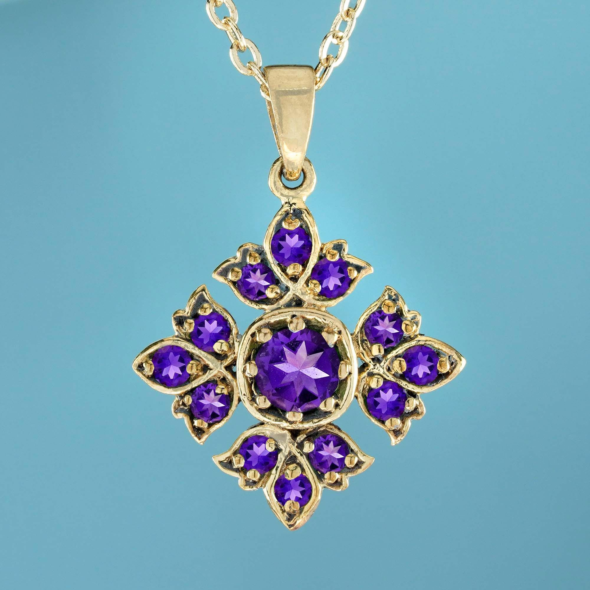  The Natural Amethyst Vintage Style Floral Pendant in 9K Yellow Gold showcases clusters of four petal-shaped designs, with each petal crafted from vibrant round amethyst set in both round and marquise-shaped frames. These petals surround the central