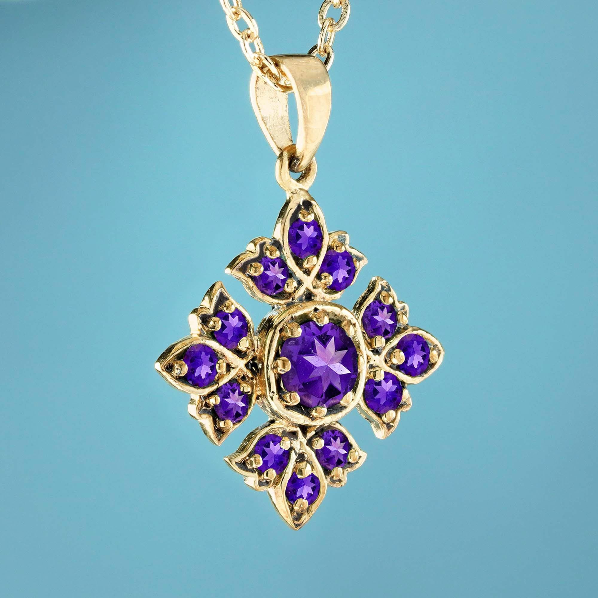 Edwardian Natural Amethyst Vintage Style Floral Pendant in 9K Yellow Gold For Sale