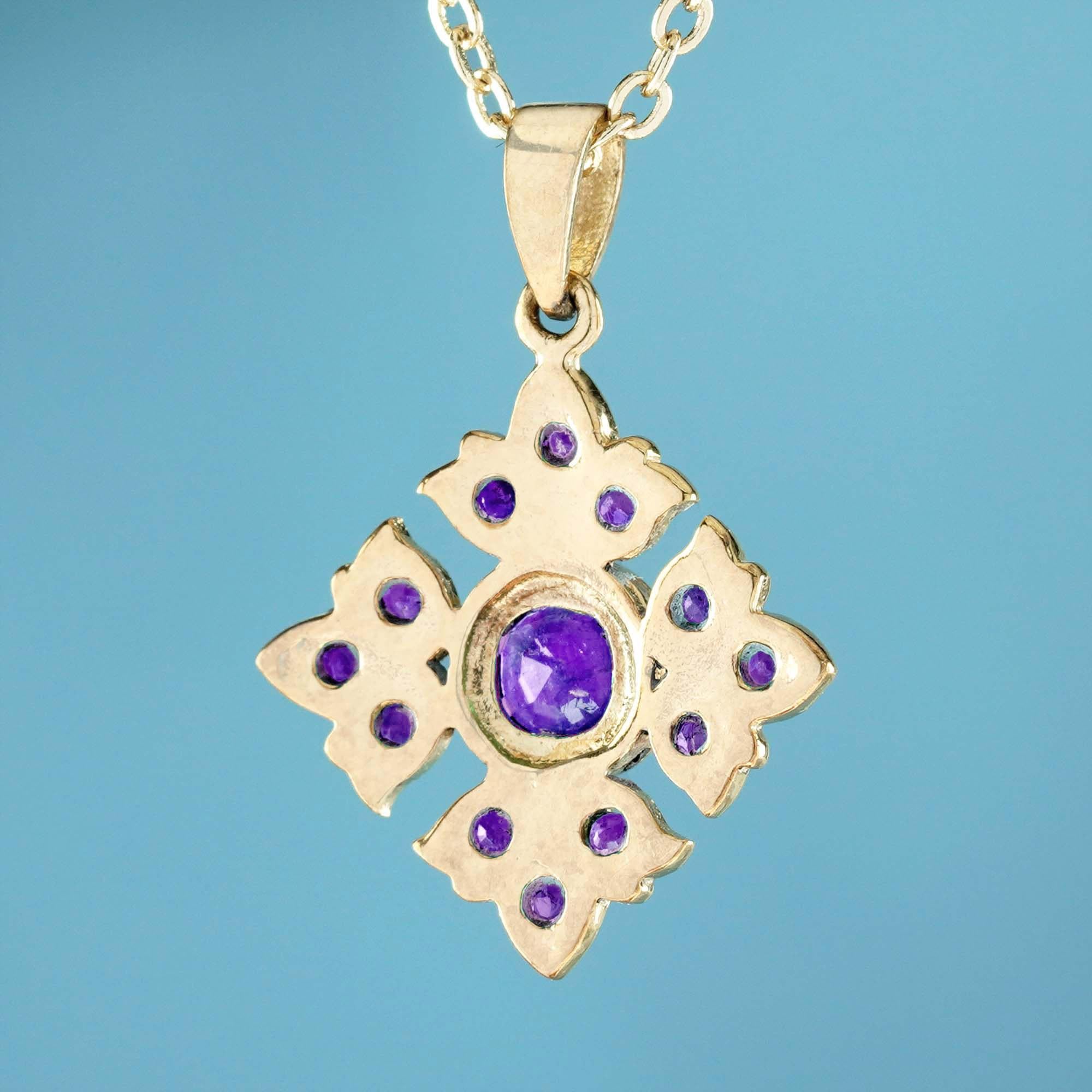 Round Cut Natural Amethyst Vintage Style Floral Pendant in 9K Yellow Gold For Sale