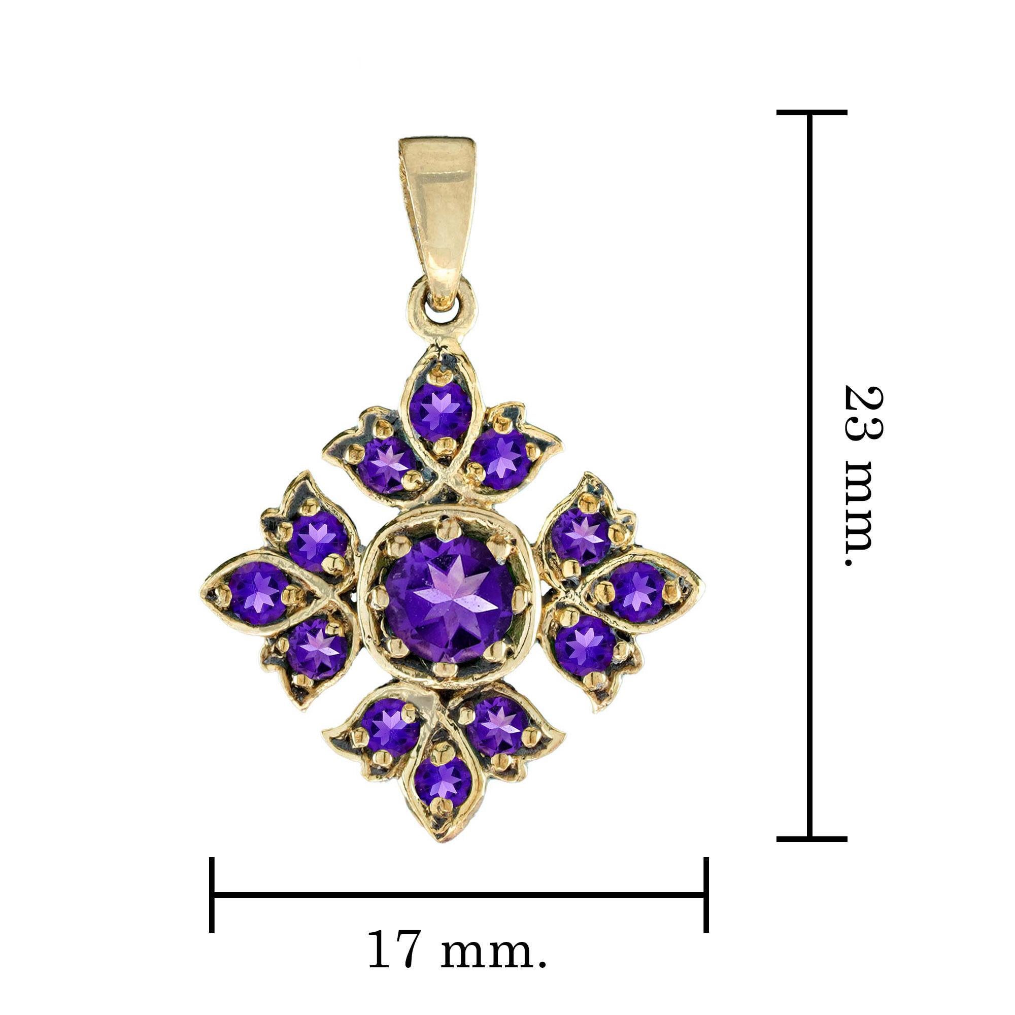 Natural Amethyst Vintage Style Floral Pendant in 9K Yellow Gold In New Condition For Sale In Bangkok, TH