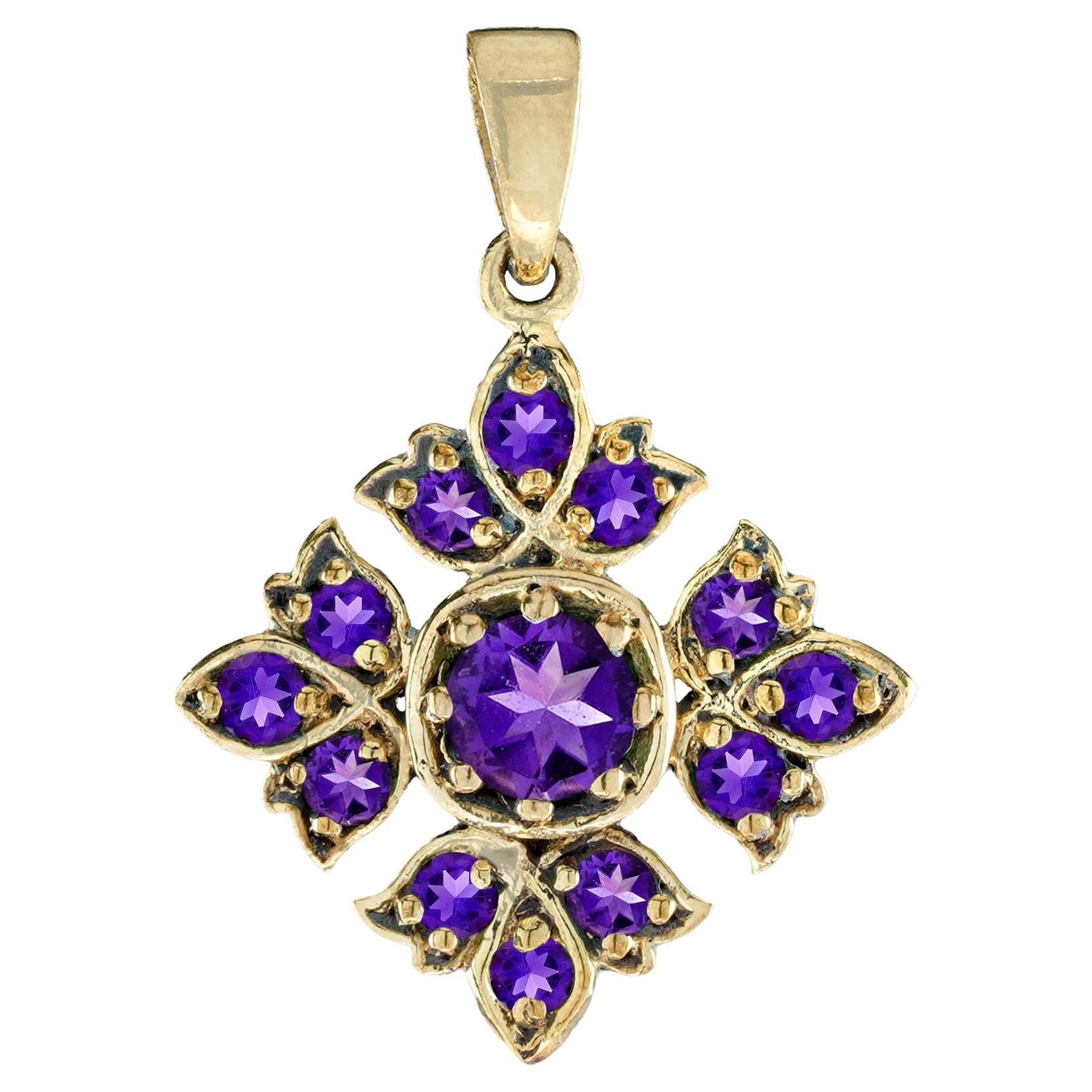 Natural Amethyst Vintage Style Floral Pendant in 9K Yellow Gold
