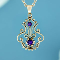 Natural Amethyst Vintage Victorian Style Filigree Pendant in Solid 9K Gold
