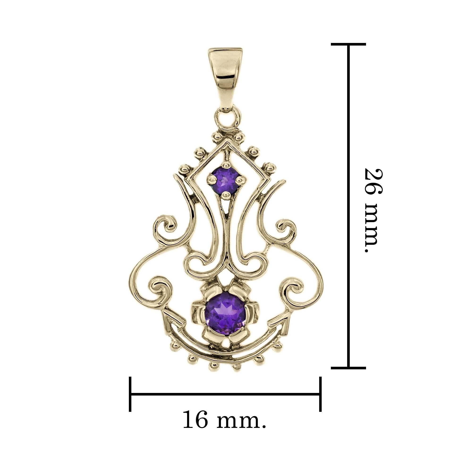 Round Cut Natural Amethyst Vintage Victorian Style Filigree Pendant in Solid 9K Gold For Sale