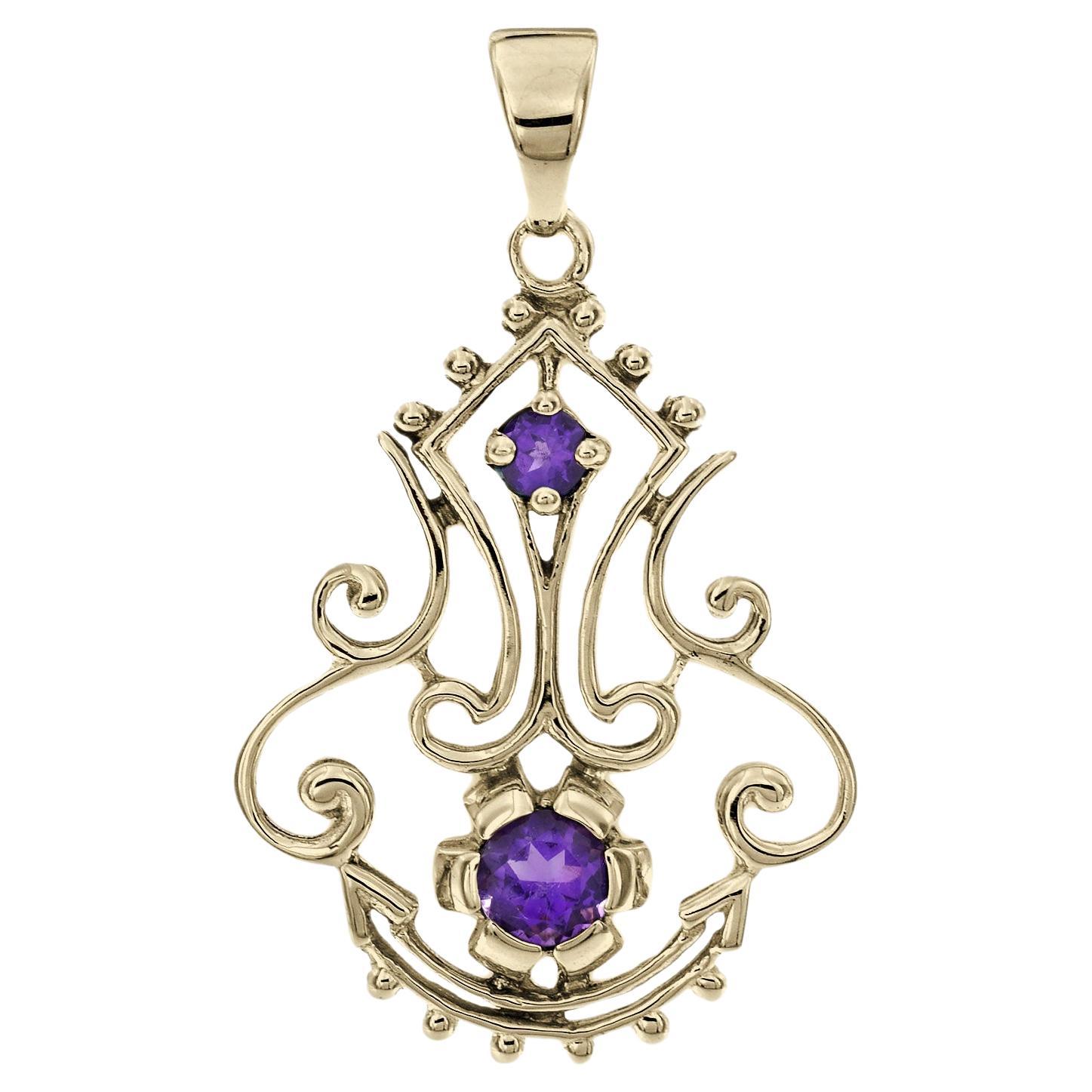 Natural Amethyst Vintage Victorian Style Filigree Pendant in Solid 9K Gold For Sale