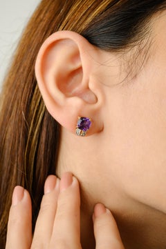 Natural Amethyst and Diamond Stud Earrings Set in 14k Yellow Gold
