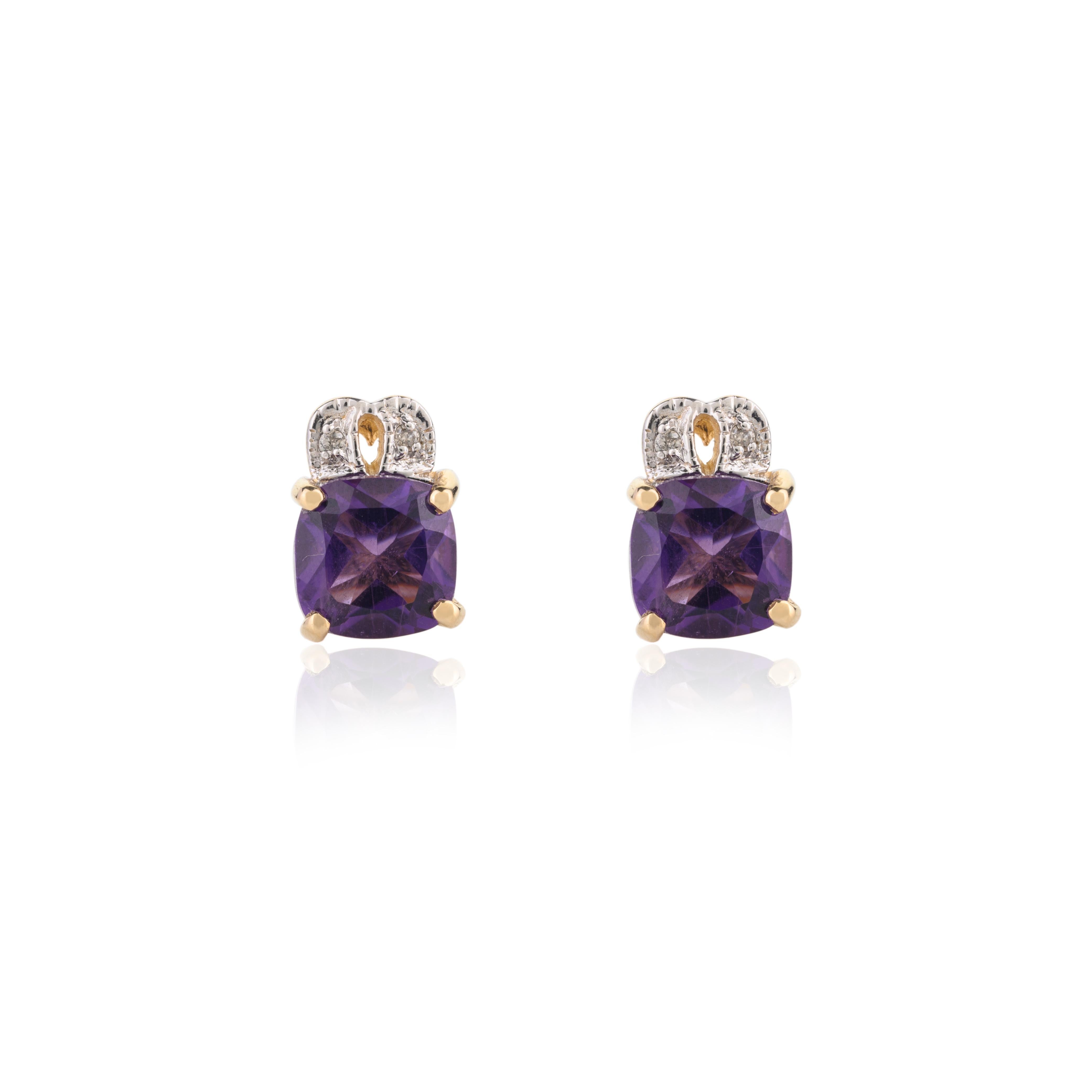 Art Deco Natural Amethyst and Diamond Stud Earrings Set in 14k Yellow Gold For Sale