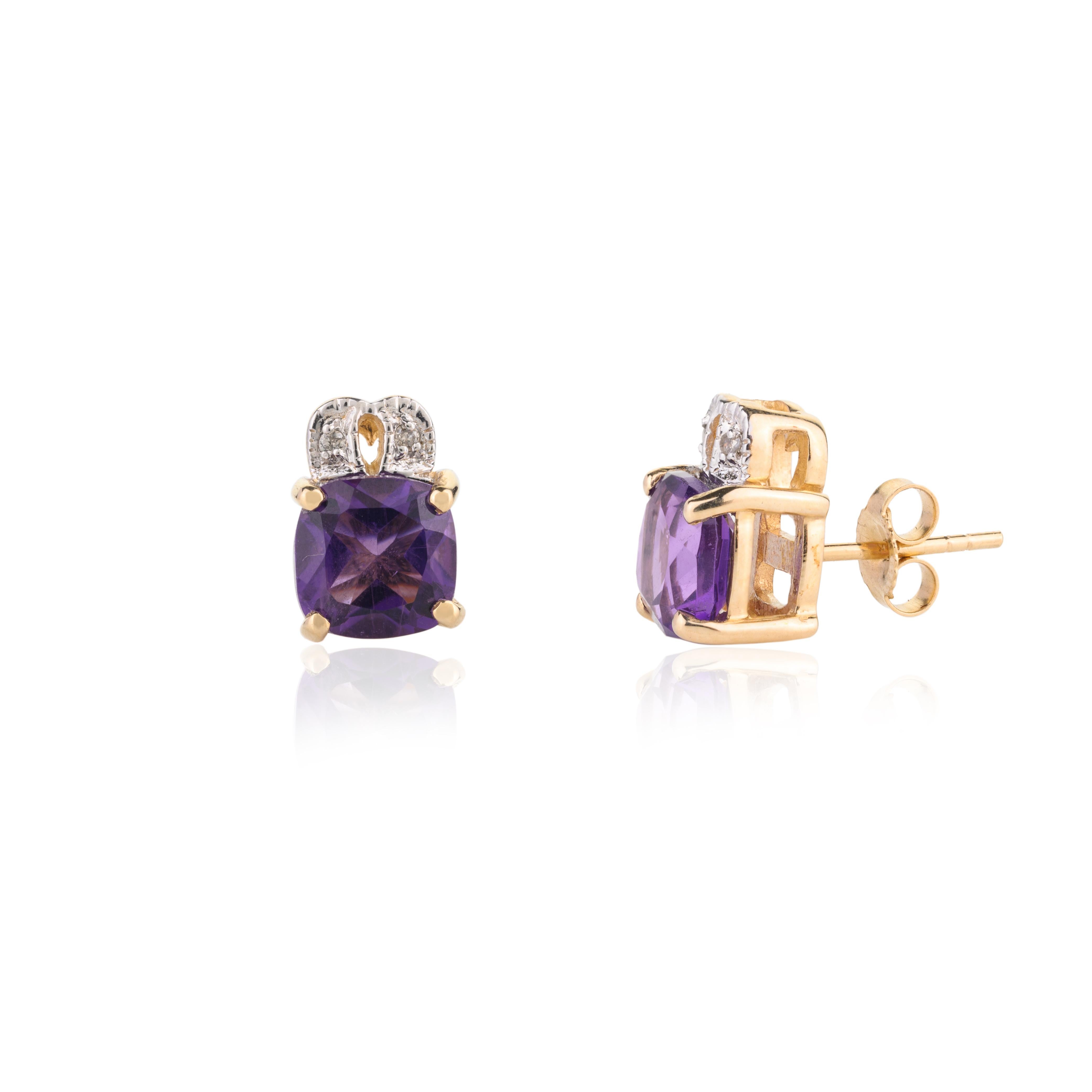 Natural Amethyst and Diamond Stud Earrings Set in 14k Yellow Gold In New Condition For Sale In Houston, TX