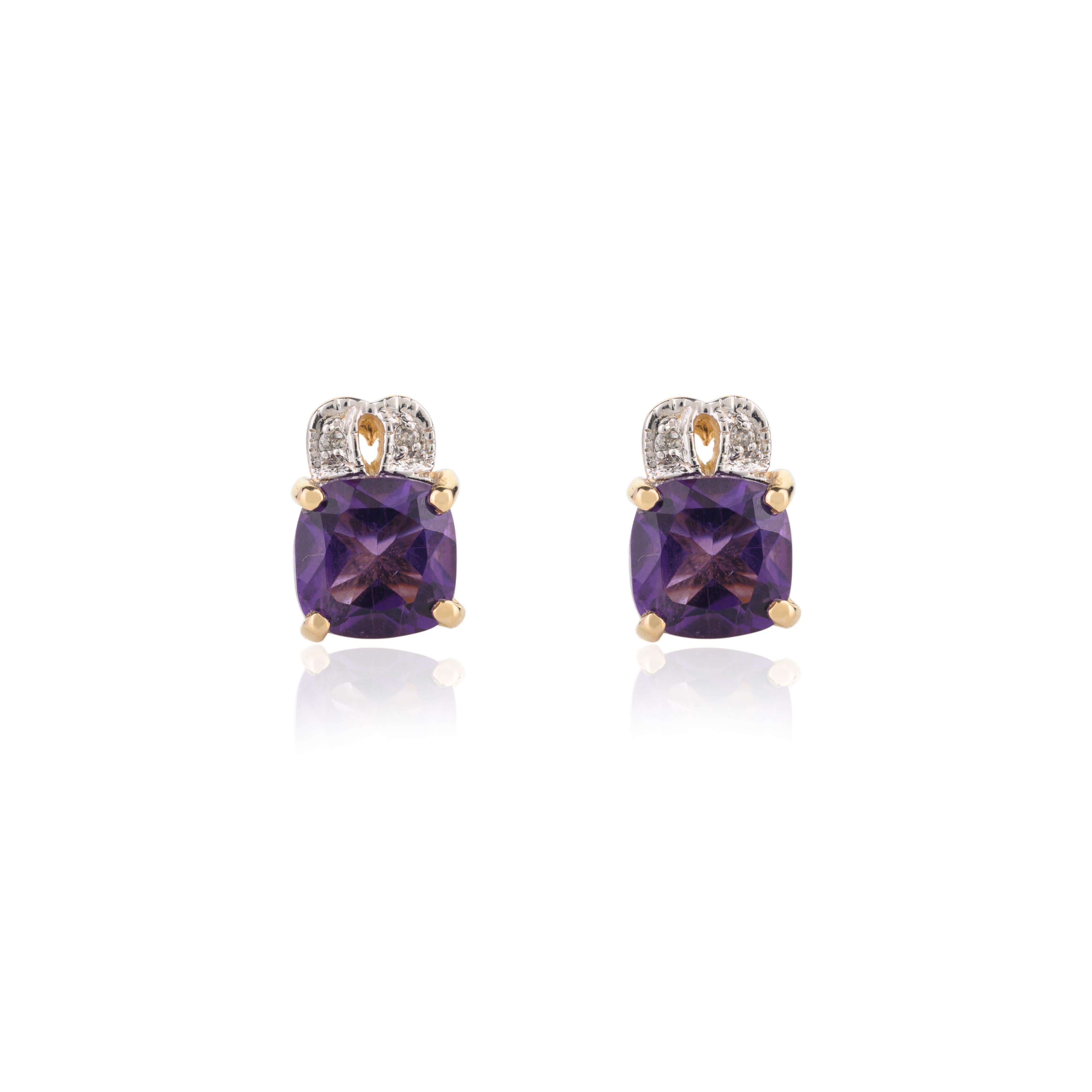 Natürlicher Amethyst und Diamant-Ohrstecker aus 14k Gelbgold im Angebot 2