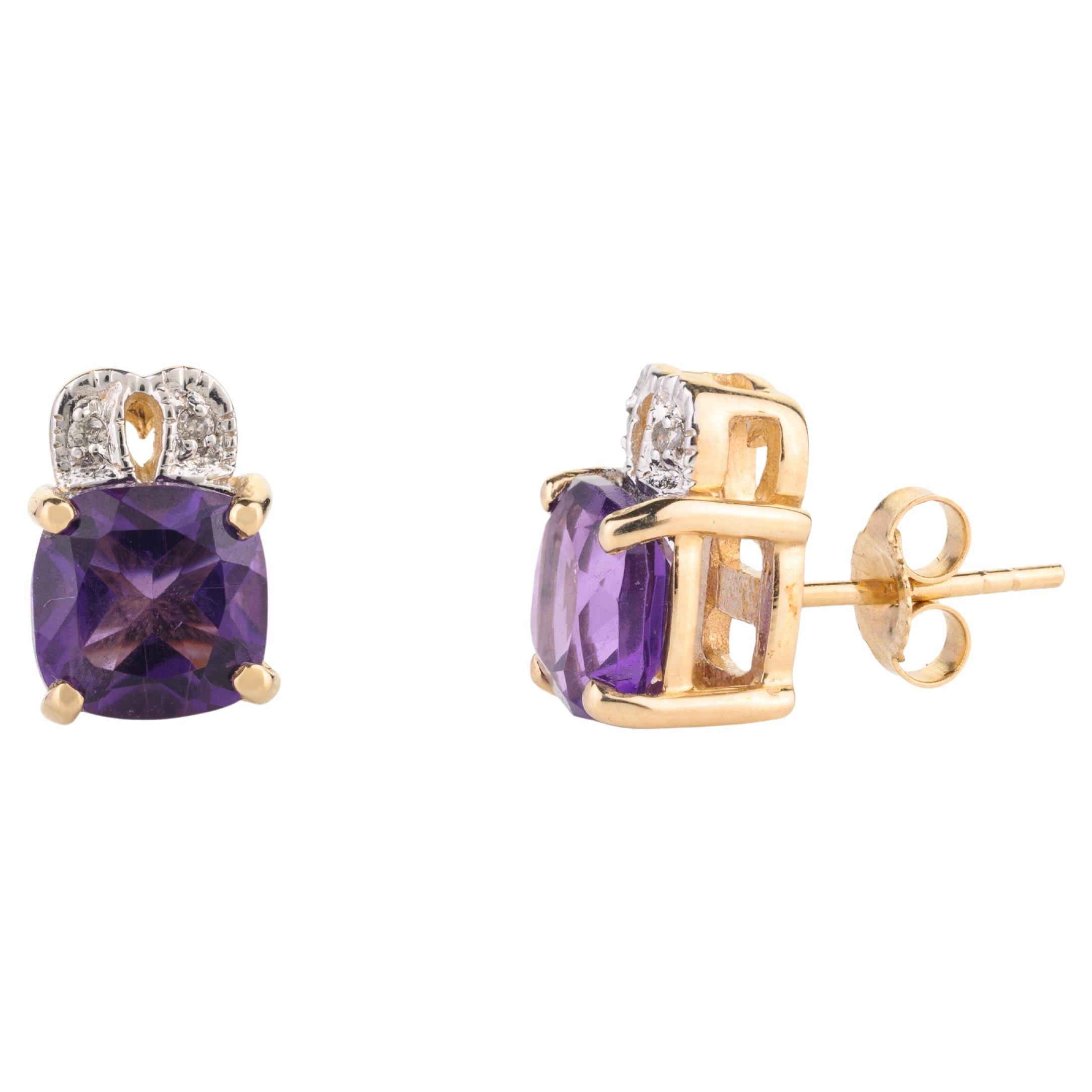 Natural Amethyst and Diamond Stud Earrings Set in 14k Yellow Gold For Sale