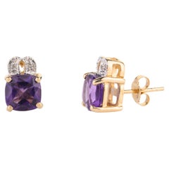 Natural Amethyst and Diamond Stud Earrings Set in 14k Yellow Gold