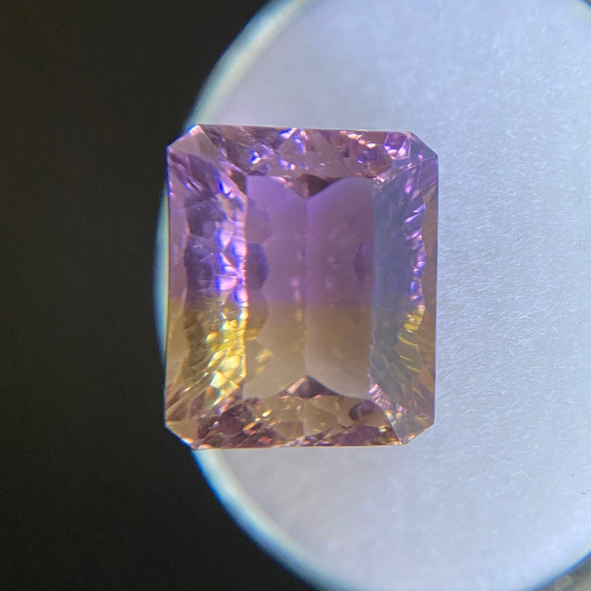 Fine Natural Ametrine Gemstone.

8.93 Carat natural Ametrine with an excellent fancy emerald octagon cut and beautiful colour split of yellow and purple.

Also has excellent clarity with only some small very natural inclusions visible when looking