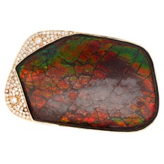Natural Ammolite and Diamond Pave 14K Gold Brooch Pin