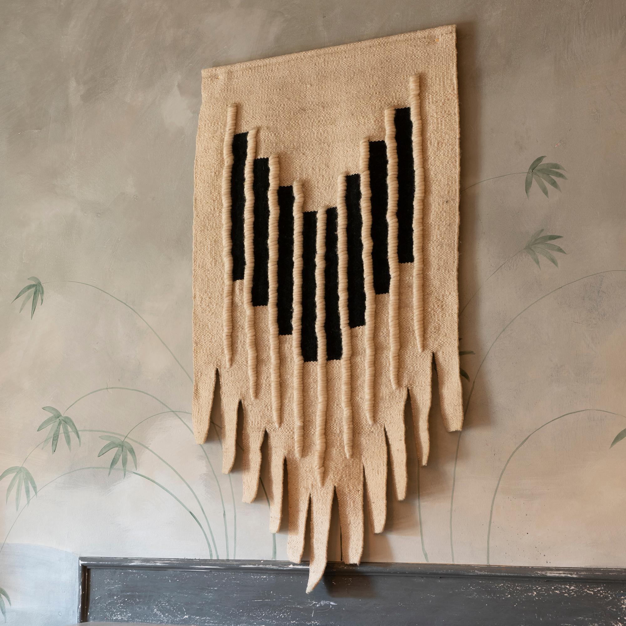 French Natural and Black Wool Wall Hanging Textile Tapestry, France, 1970s