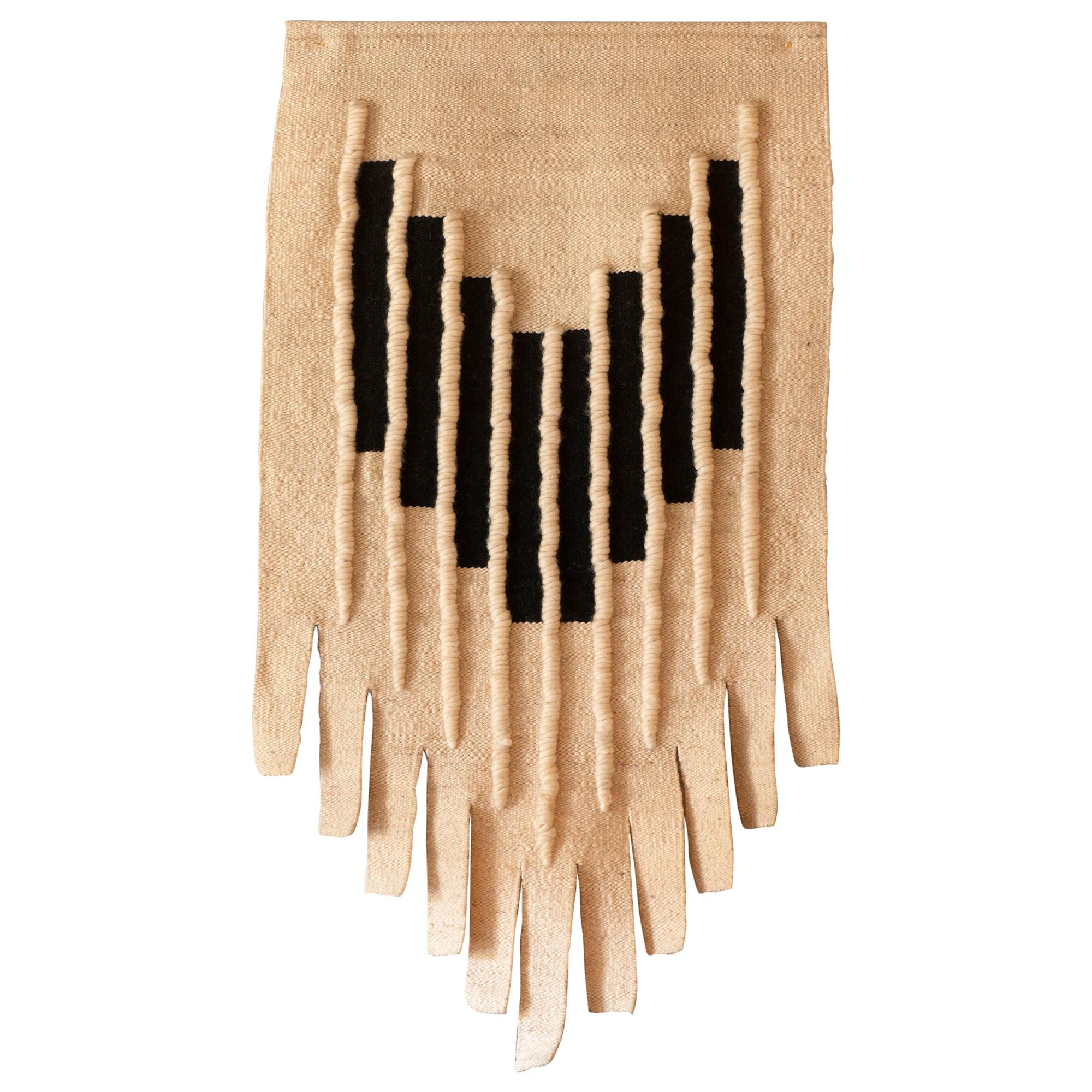 Natural and Black Wool Wall Hanging Textile Tapestry, France, 1970s