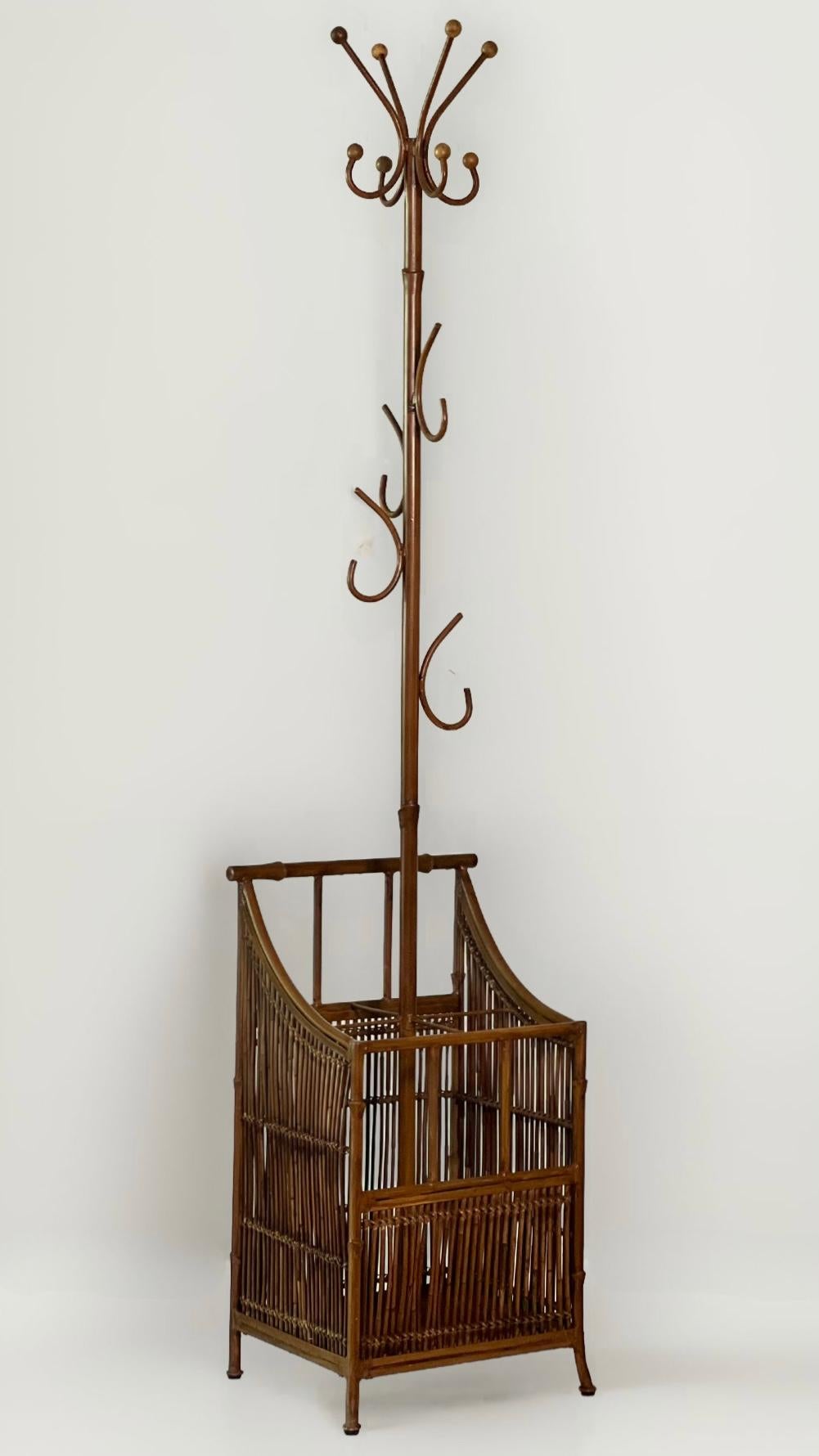 Natural and faux bamboo hall tree coat and umbrella stand, attributed to Maitland Smith, c. 1980s.

High quality double stand with a sturdy faux bamboo painted metal frame and a natural bamboo lower portion for umbrellas/canes secured by rattan. 