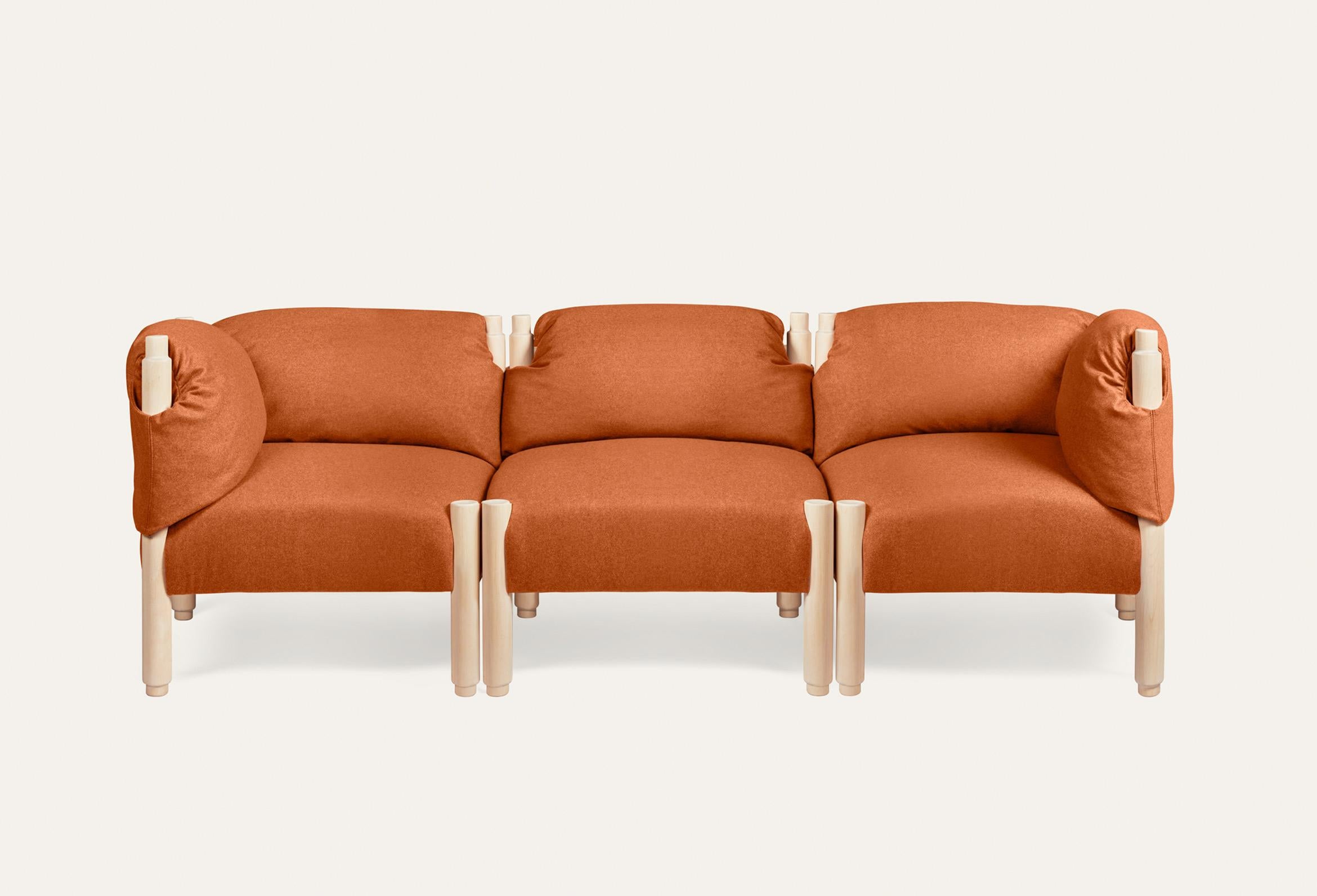 Natural and Orange stand By Me sofa by Storängen Design
Dimensions: D 222 x W 74 x H 73 x SH 42 cm
Materials: birch wood, fabric.
Available in other colors and fabrics. With fixed back or pillows.
Available in different module convinations: