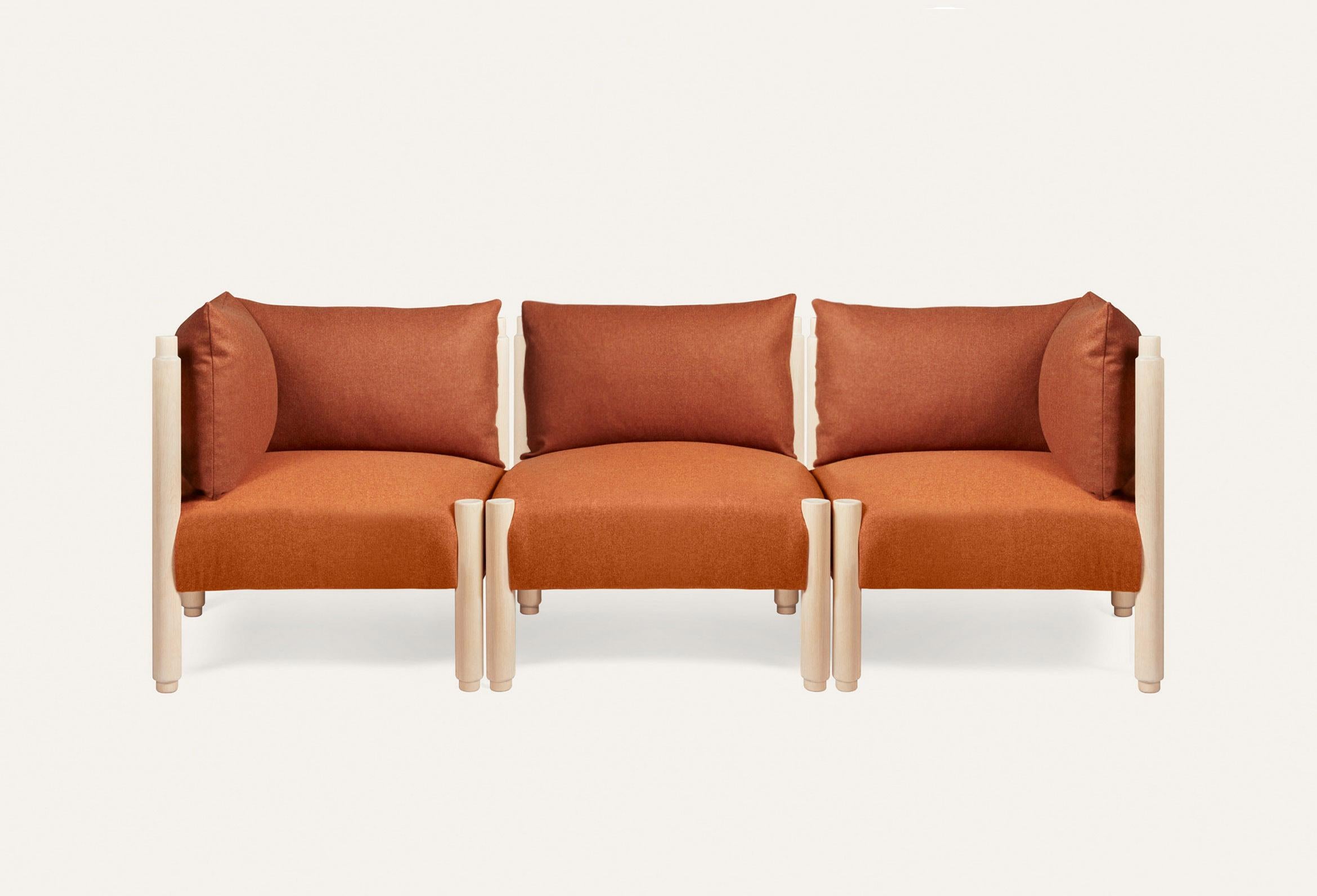 Natural and orange stand by Me sofa with pillows by Storängen Design
Dimensions: D 222 x W 74 x H 73 x SH 42 cm.
Materials: birch wood, fabric.
Available in other colors and fabrics. With fixed back or pillows.
Available in different module