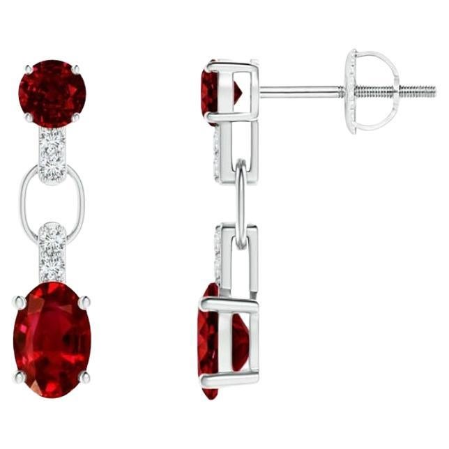 Natural and Oval 1.20ct Ruby Dangle Earrings with Diamond in 14KWhite Gold