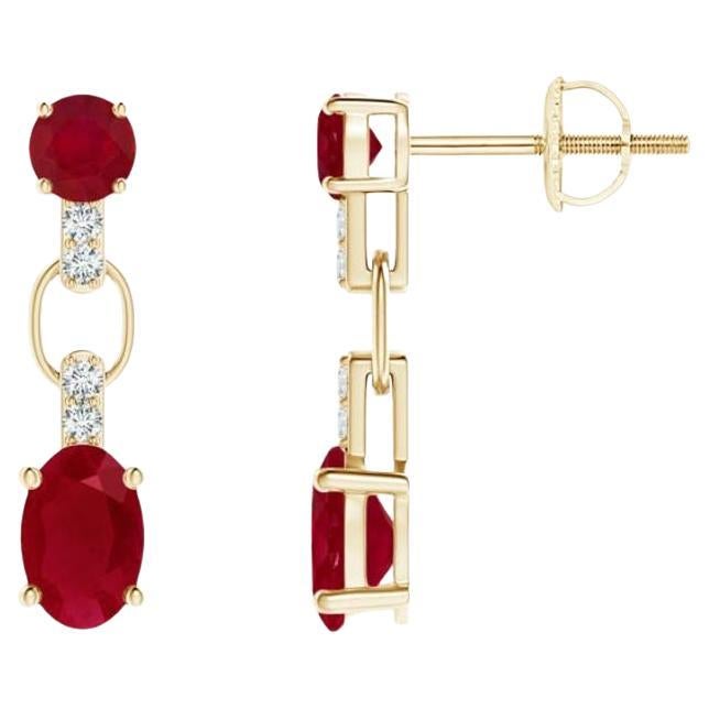 Natural and Oval 1.20ct Ruby Dangle Earrings with Diamond in 14KYellow Gold For Sale