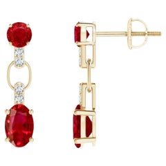 Boucles d'oreilles pendantes en or jaune 14K avec diamant et rubis naturel et ovale de 1,20ct