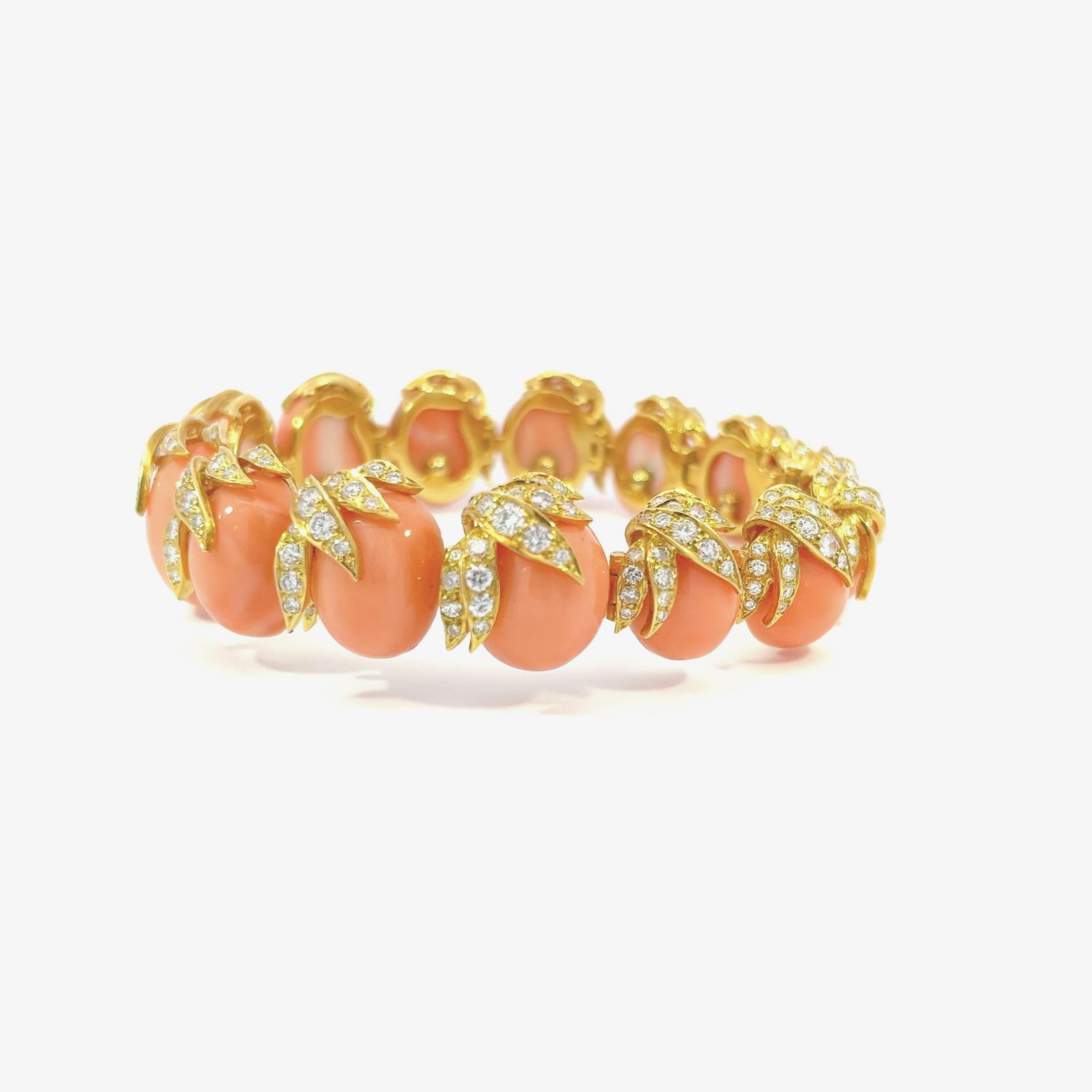 Natural angel skin coral bracelet accented with E color VS clarity diamonds. 

Most coral pieces in the industry need treatments such as bleaching, dyeing, or impregnation to be used as gems. This beautifully handcrafted bracelet required no dye to