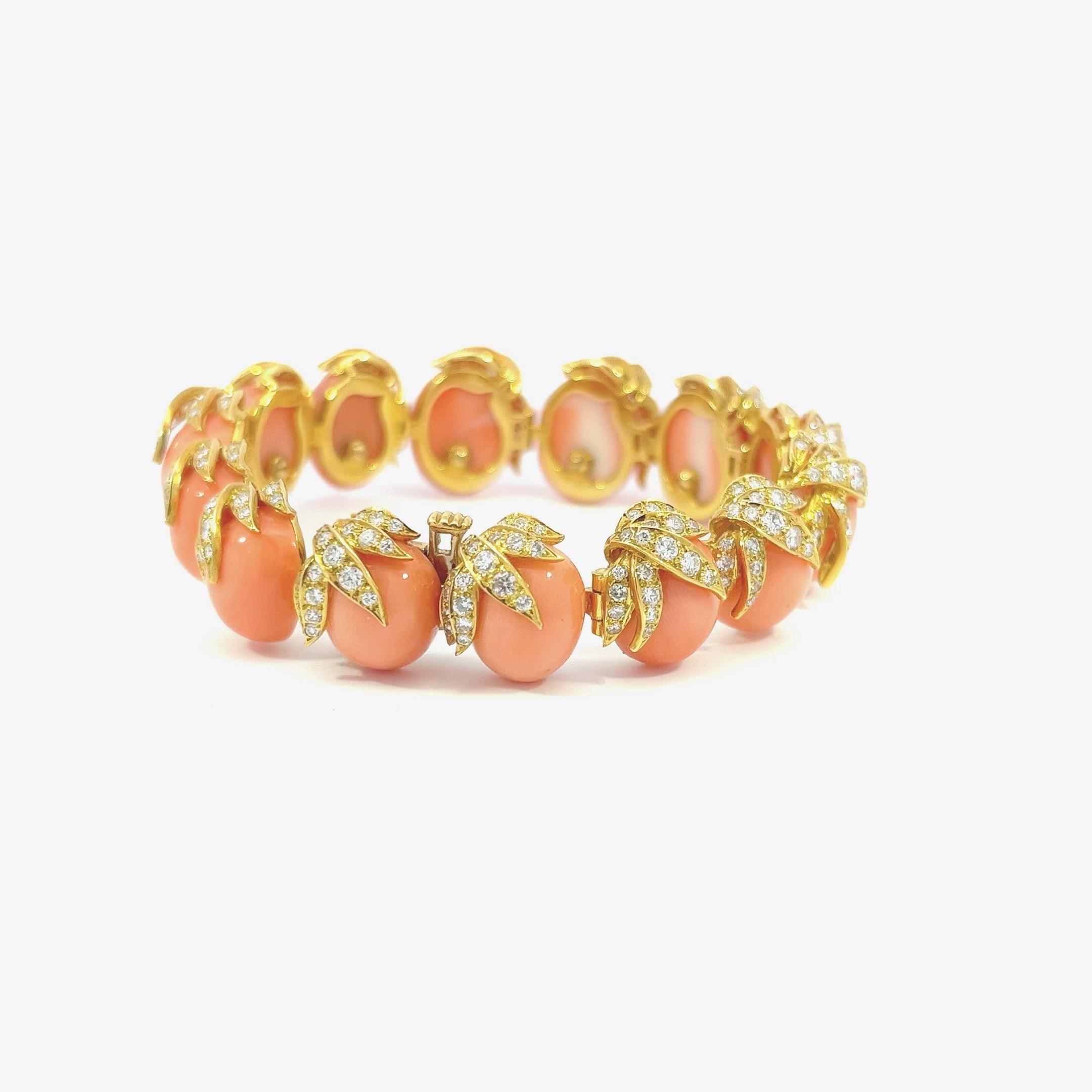 Modernist Natural Angel Skin Coral 18 Karat Yellow Gold And Diamond Cuff Bracelet