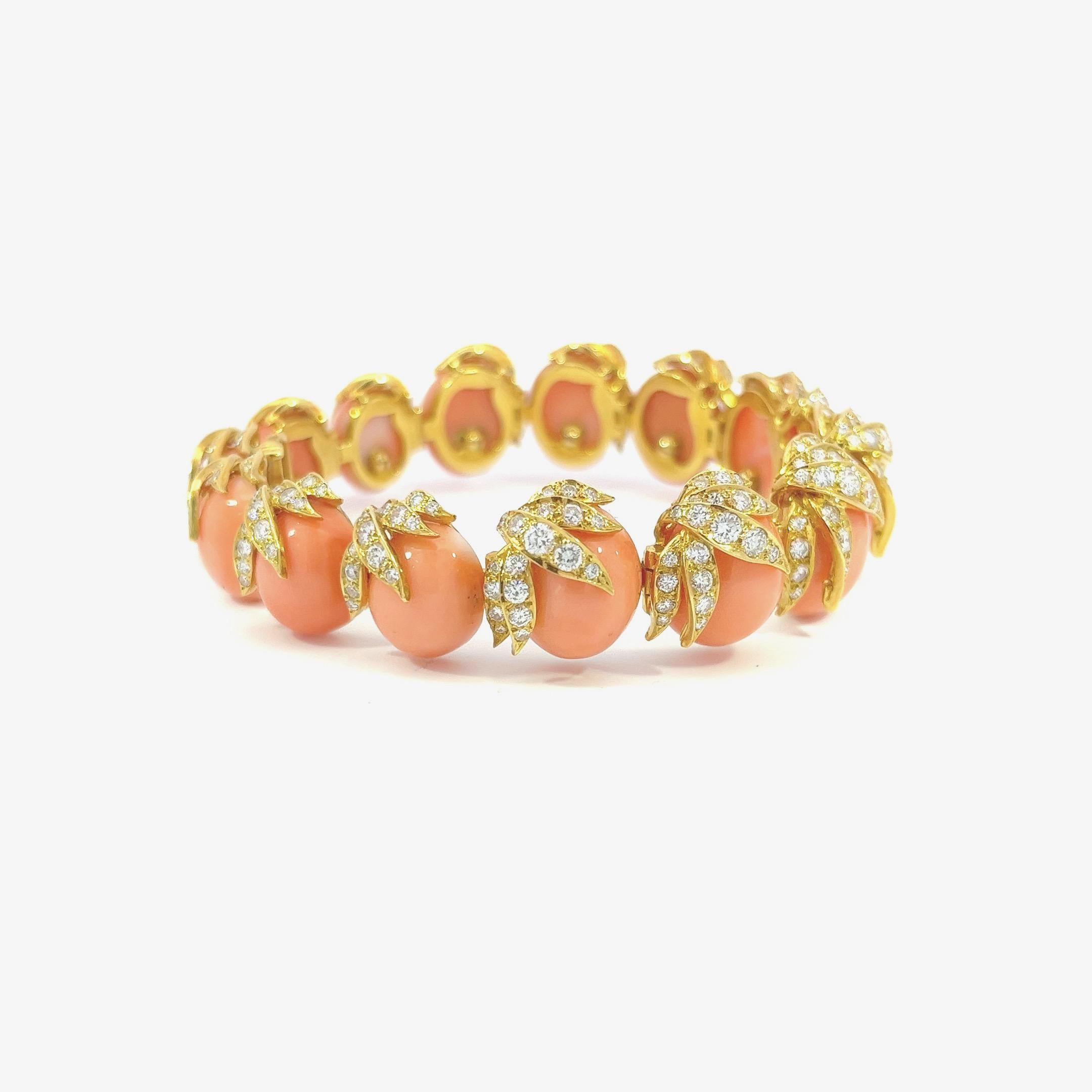 Round Cut Natural Angel Skin Coral 18 Karat Yellow Gold And Diamond Cuff Bracelet
