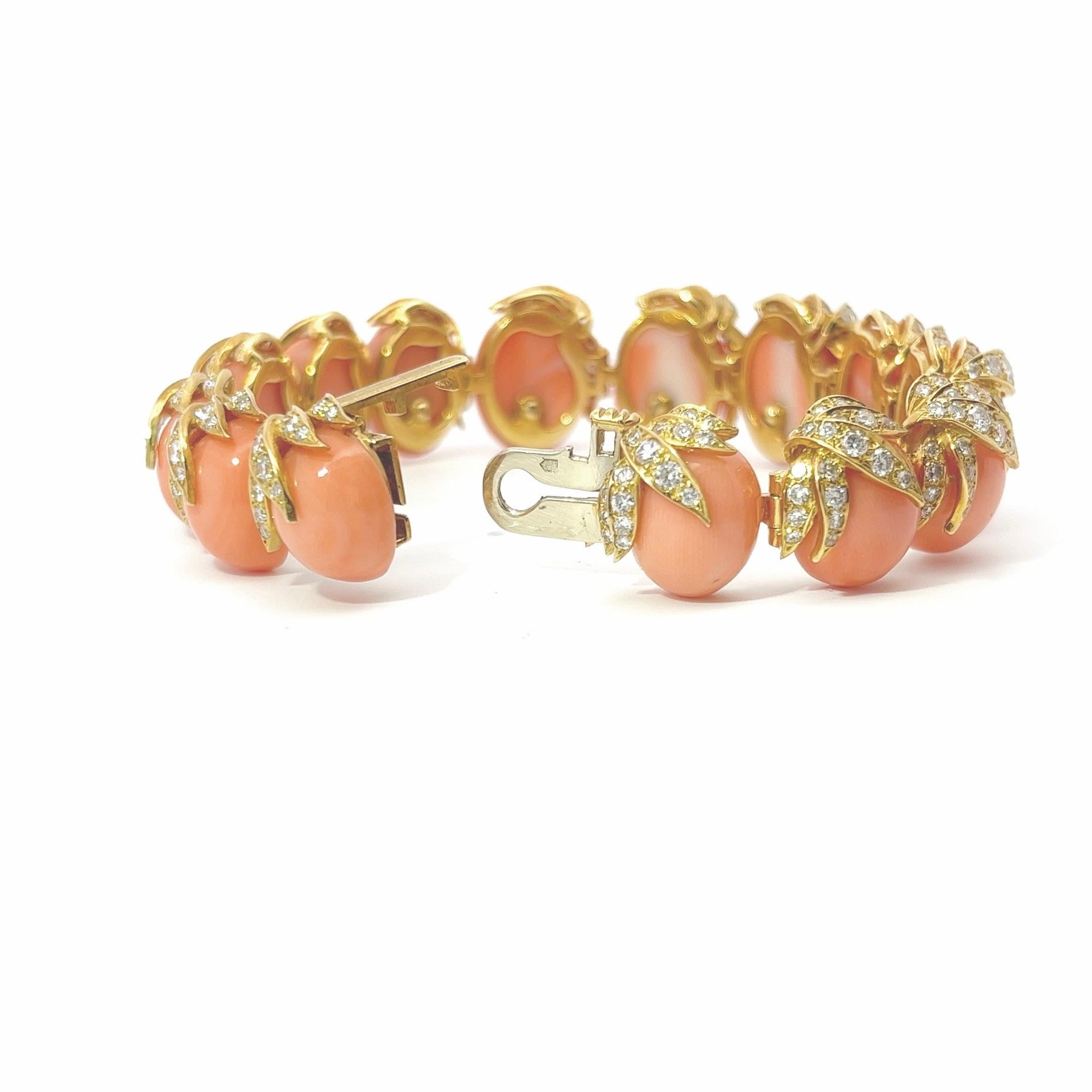 Natural Angel Skin Coral 18 Karat Yellow Gold And Diamond Cuff Bracelet In Good Condition In Fairfield, CT