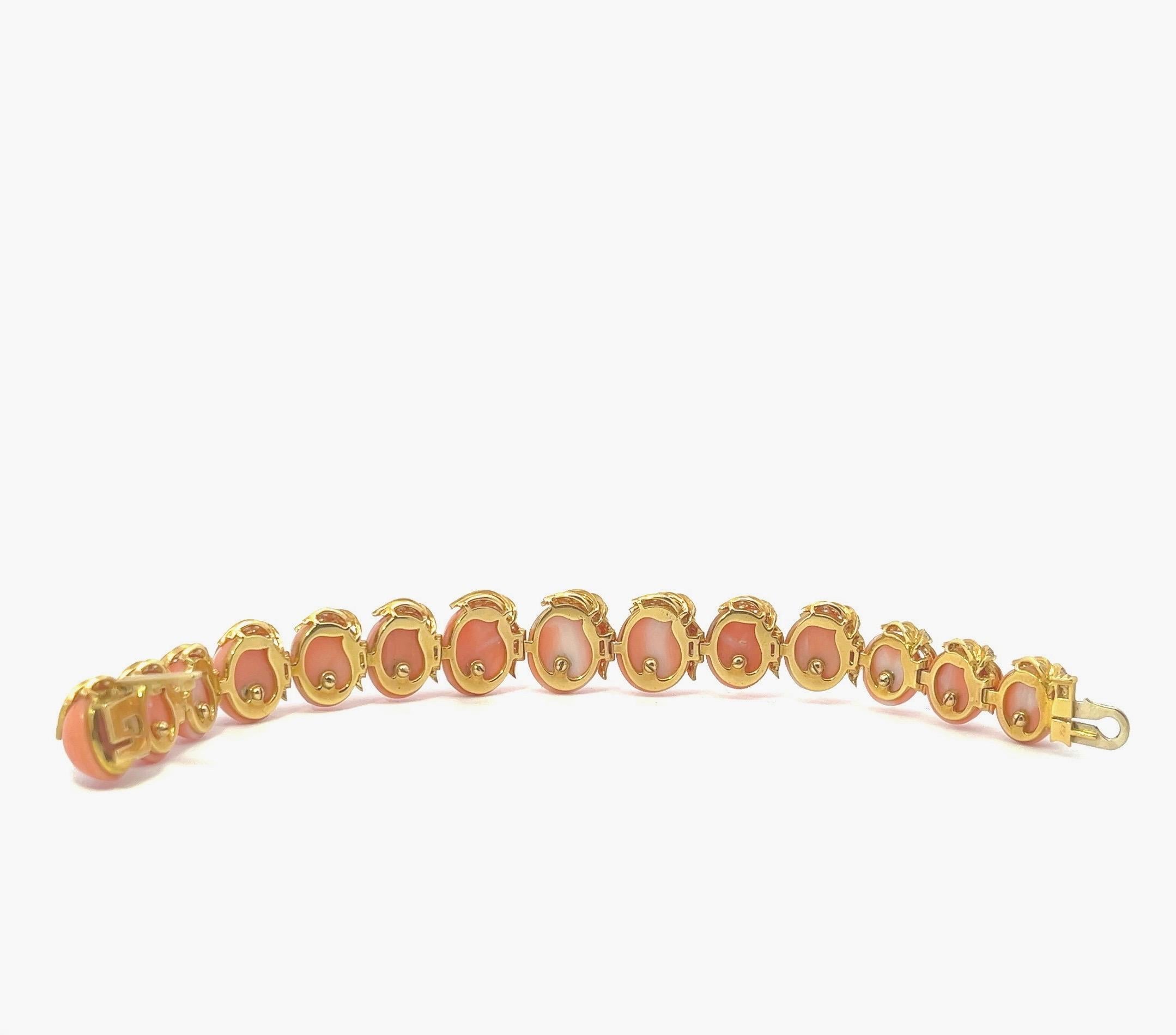 Women's Natural Angel Skin Coral 18 Karat Yellow Gold And Diamond Cuff Bracelet