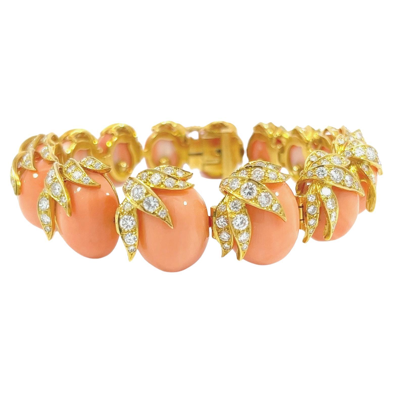 Natural Angel Skin Coral 18 Karat Yellow Gold And Diamond Cuff Bracelet
