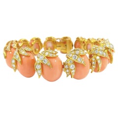 Vintage Natural Angel Skin Coral 18 Karat Yellow Gold And Diamond Cuff Bracelet