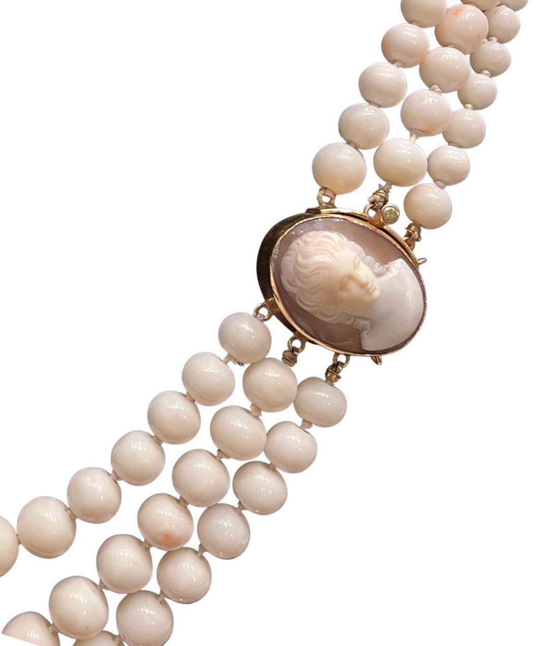 Cabochon Natural Angel Skin Coral Necklace with Coral Cameo Clasp Set in 14k Yellow Gold