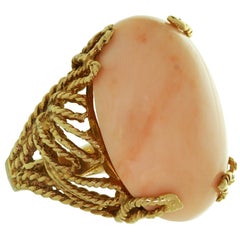 Natural Angel Skin Coral Yellow Gold Handmade Ring