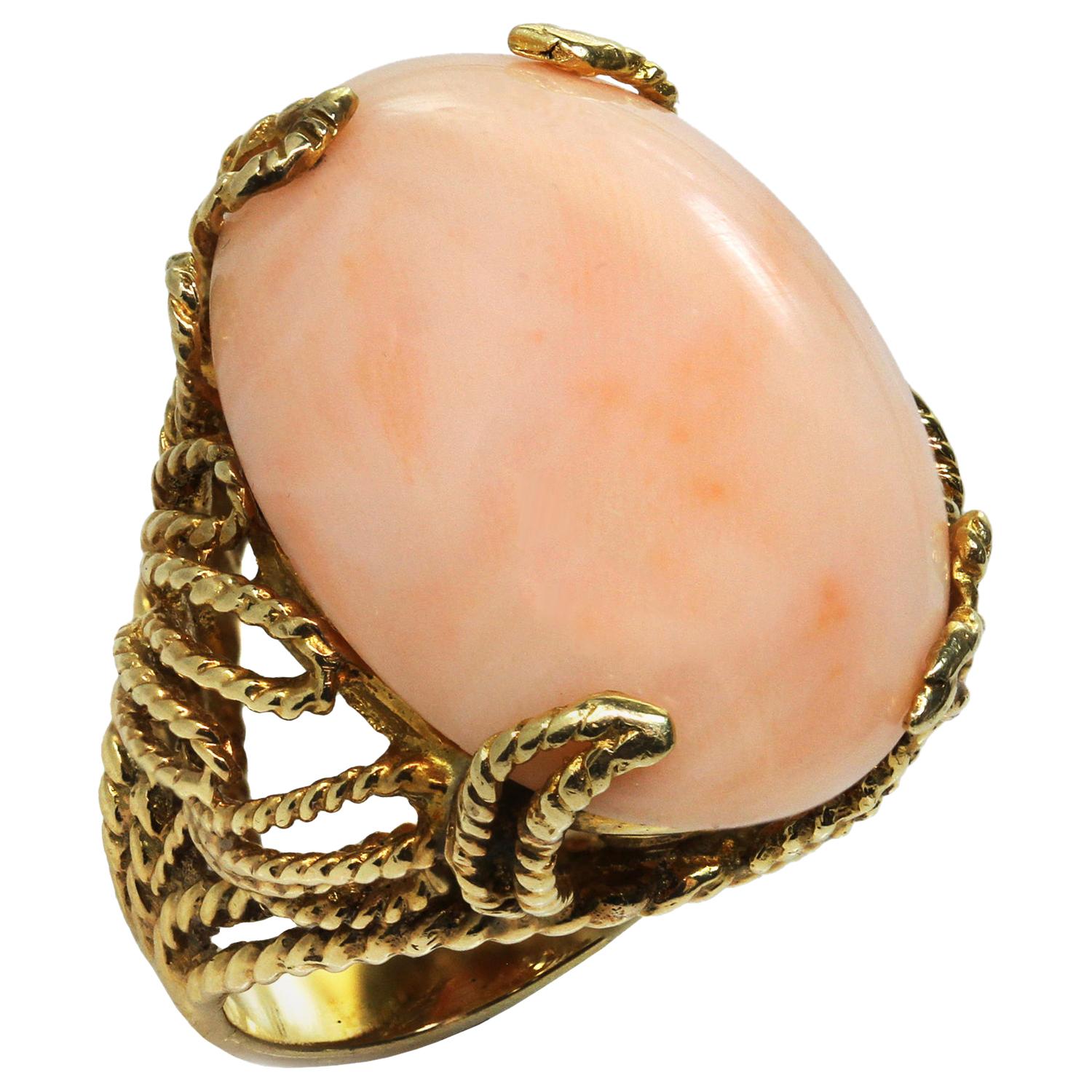 Natural Angel Skin Coral Yellow Gold Handmade Ring For Sale