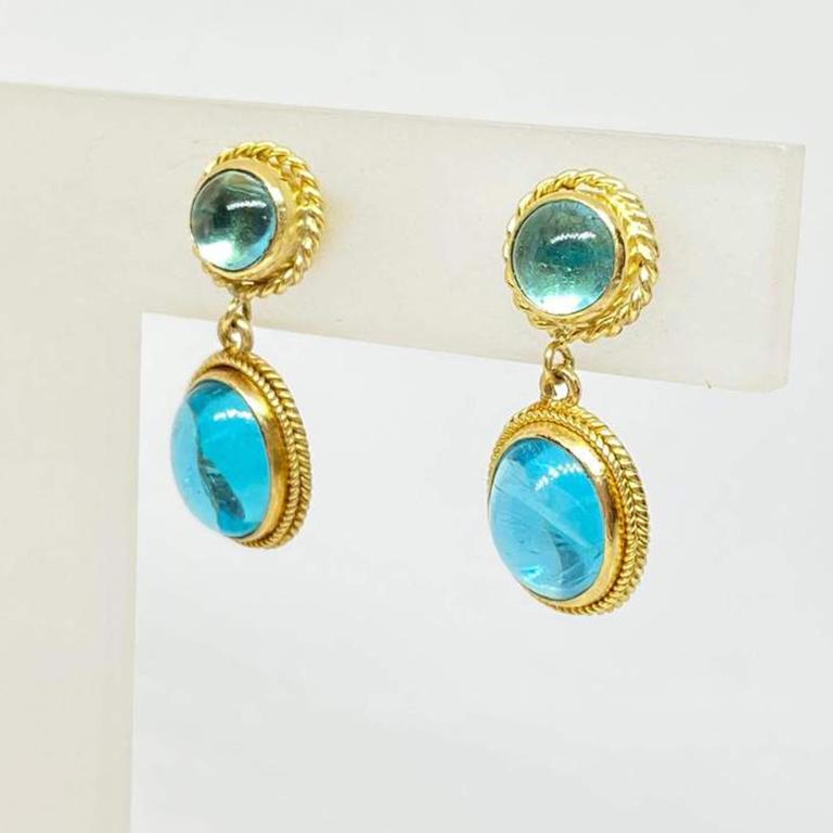 Round Cut Natural Apatite Oval & Round Woven Bezel Set Drop Dangle Earrings 18KY For Sale