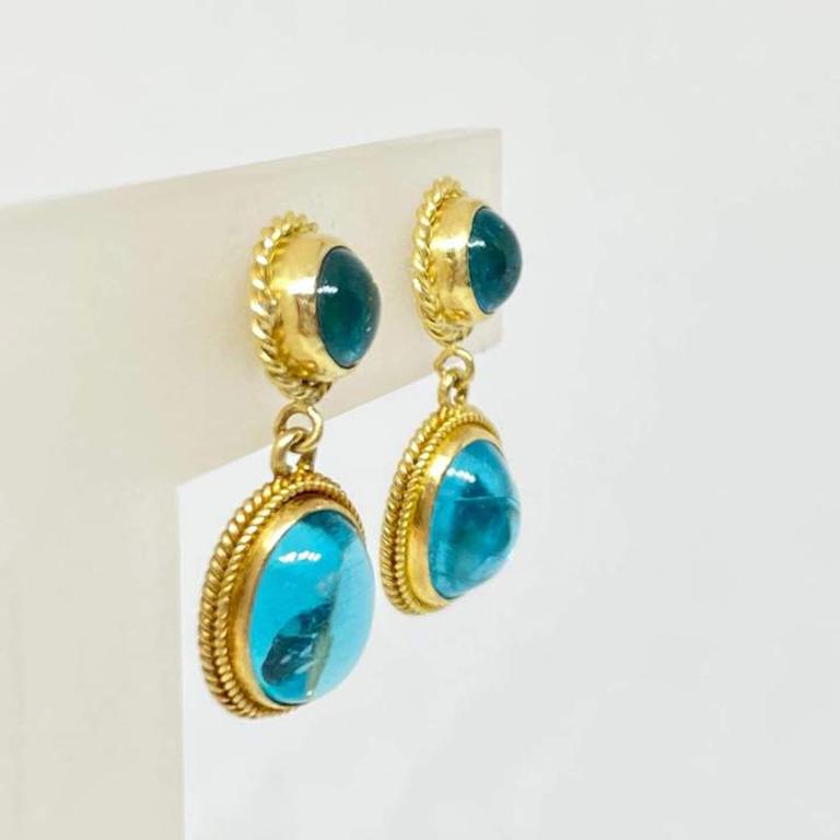 Natural Apatite Oval & Round Woven Bezel Set Drop Dangle Earrings 18KY In New Condition For Sale In Carmel-by-the-Sea, CA