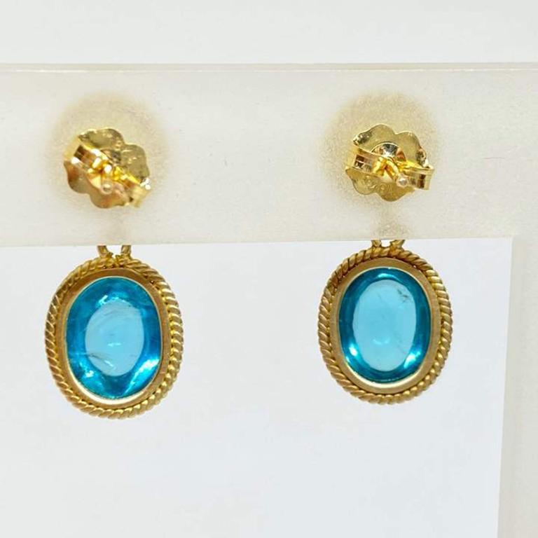 Women's Natural Apatite Oval & Round Woven Bezel Set Drop Dangle Earrings 18KY For Sale