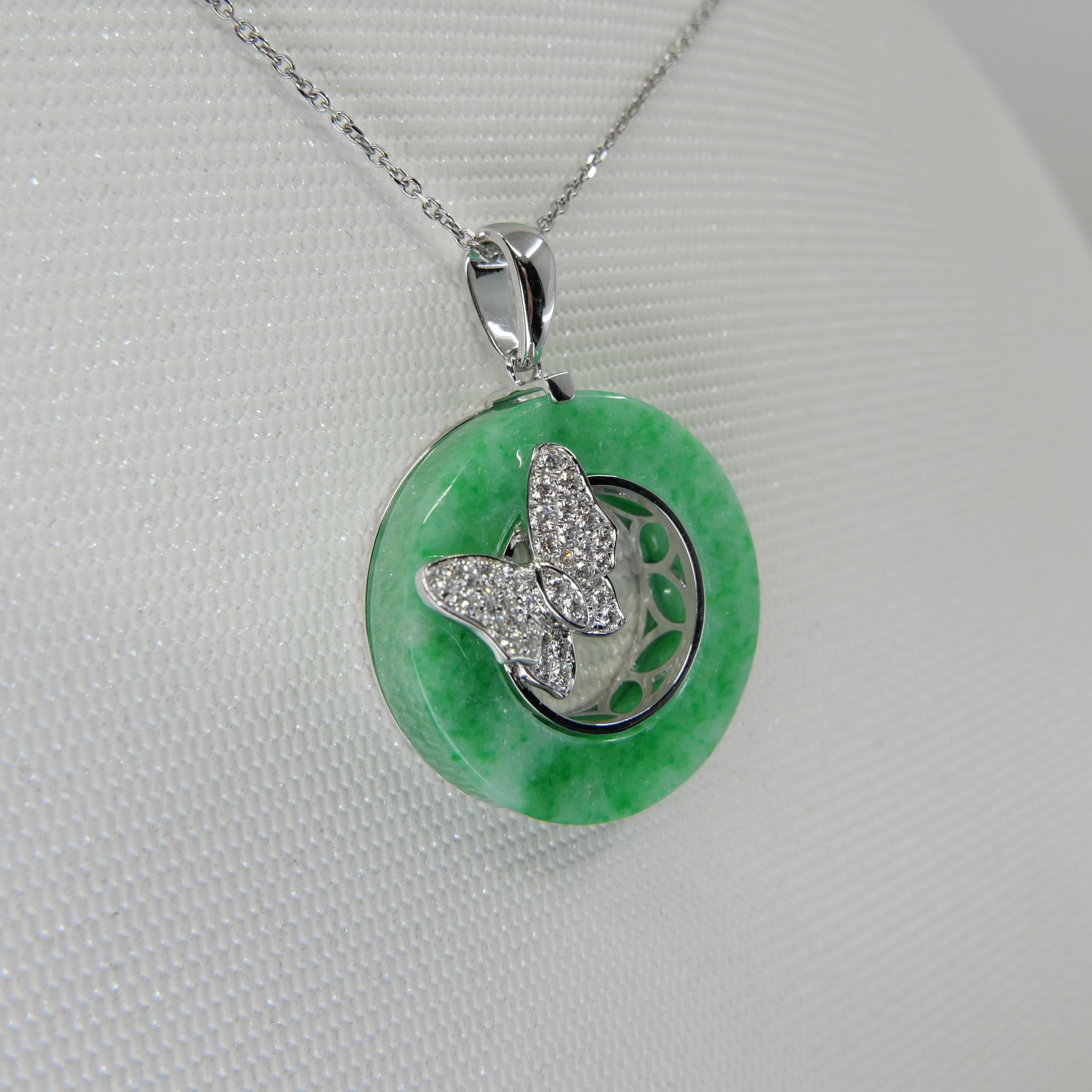 Certified Apple Green Jade 13.72 Cts And Diamond Butterfly Pendant Necklace.  For Sale 3