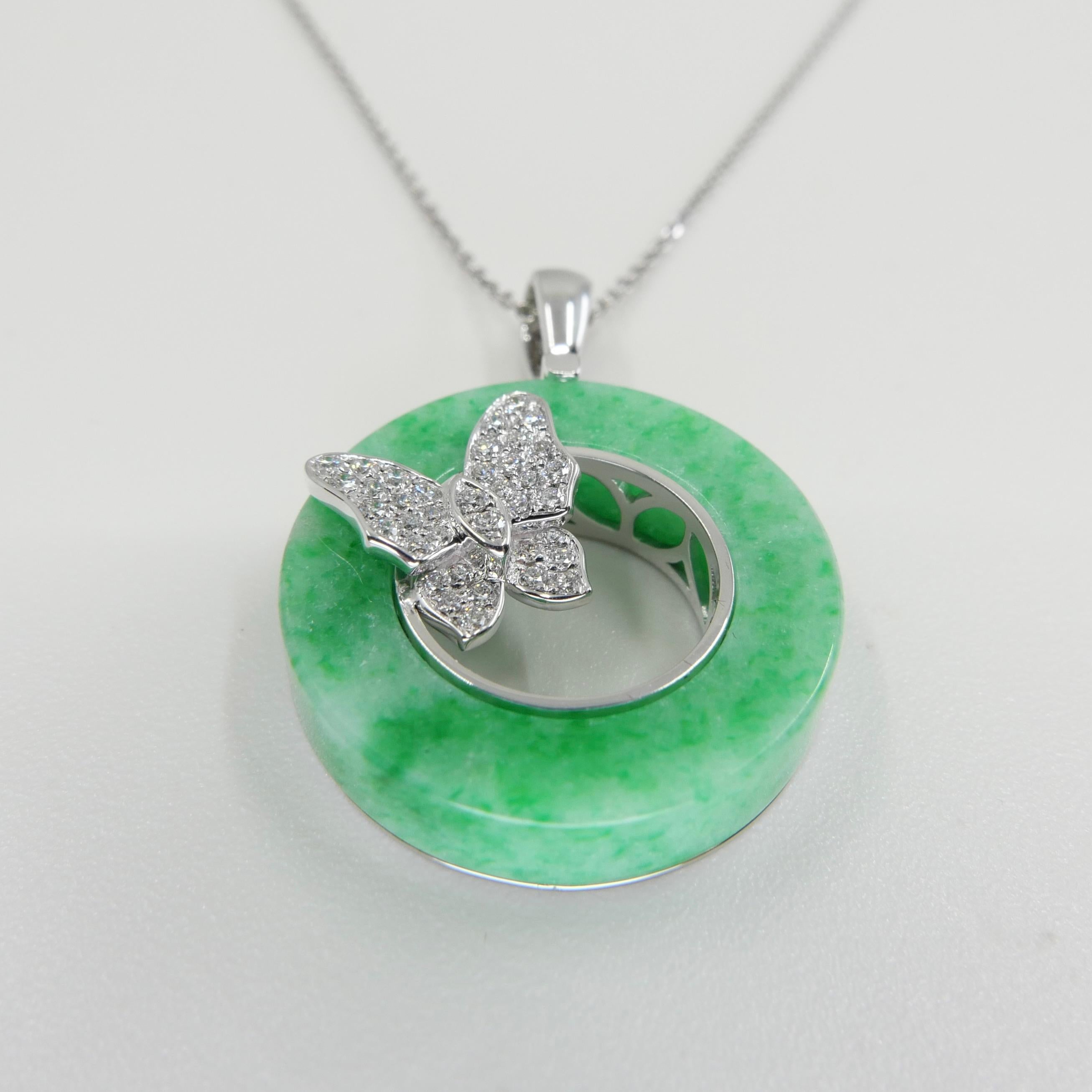 Collier pendentif papillon en jade vert pomme certifié 13,72 carats et diamants.  en vente 10