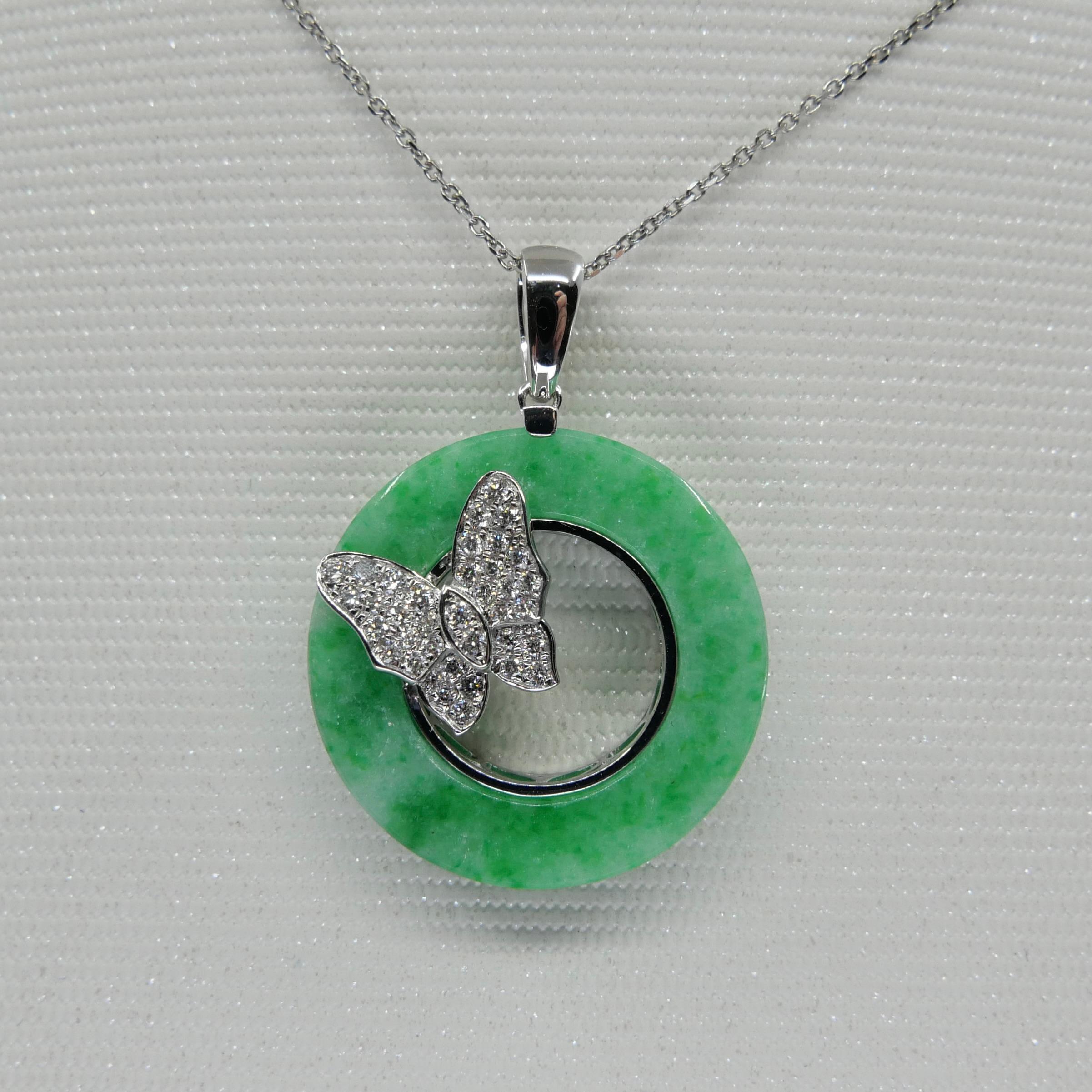 Rough Cut Certified Apple Green Jade 13.72 Cts And Diamond Butterfly Pendant Necklace.  For Sale
