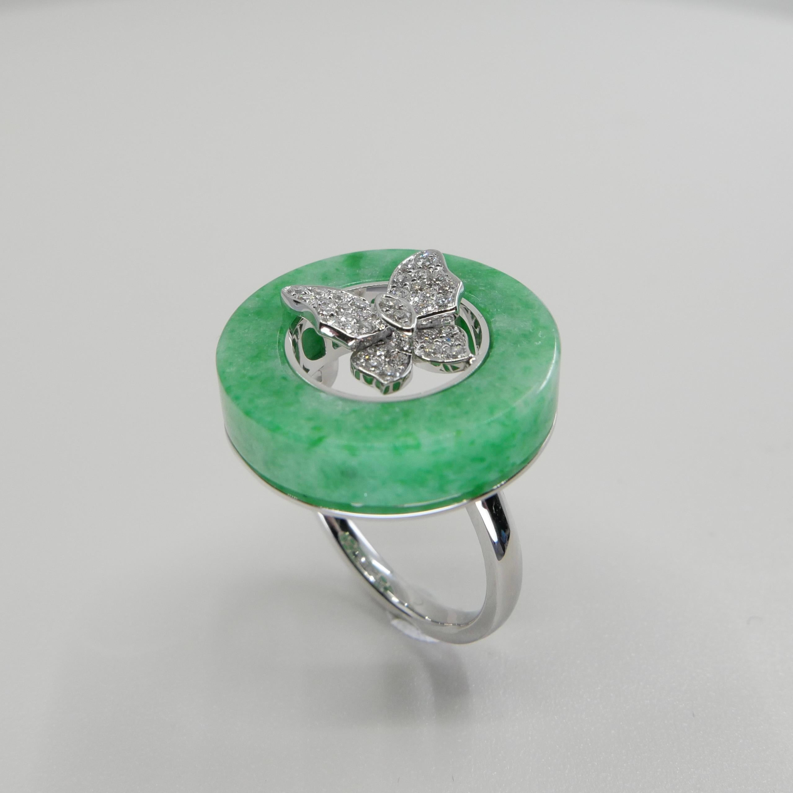 Certified Apple Green Jade 14.24 Cts and Diamond Butterfly Ring, Well Designed For Sale 6