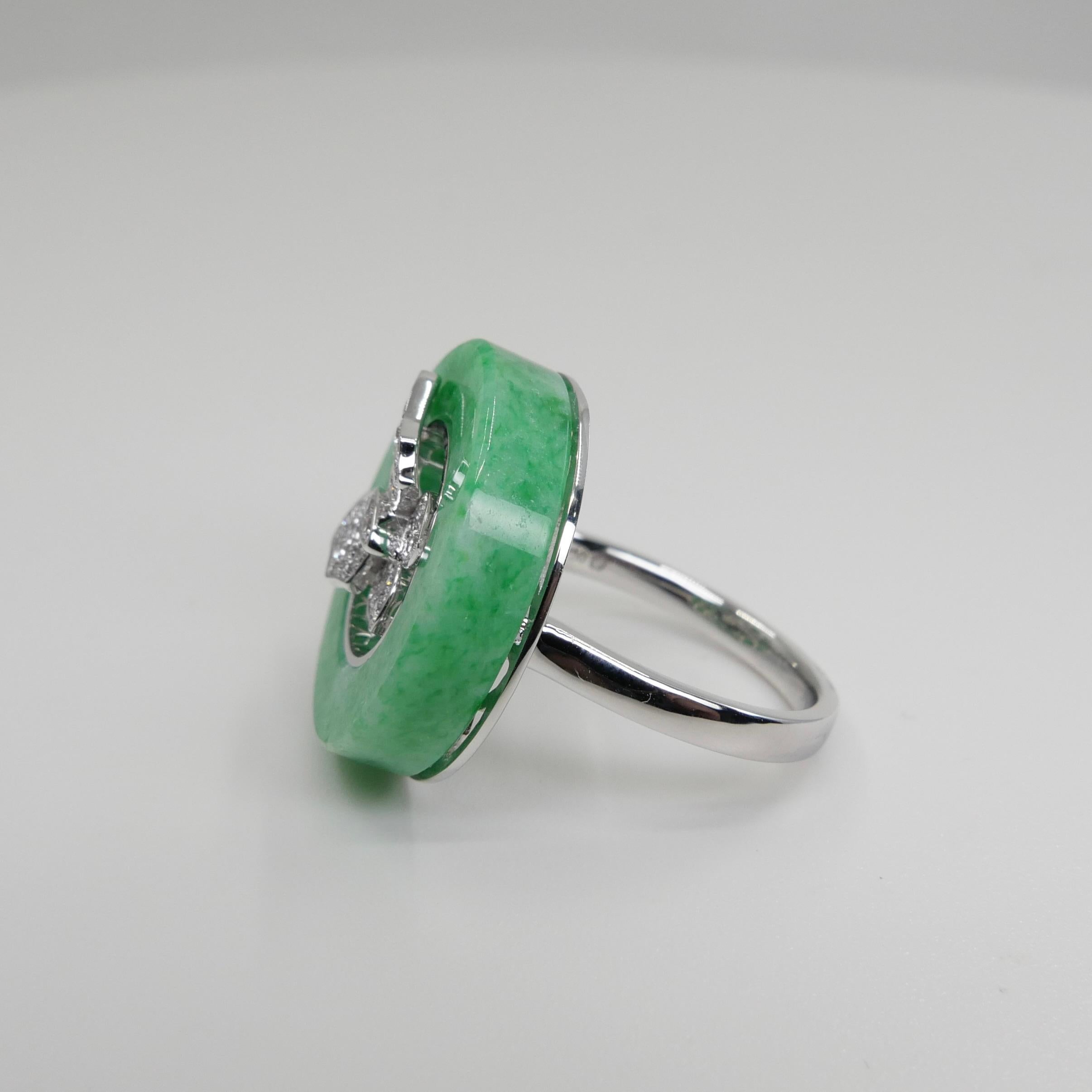 Certified Apple Green Jade 14.24 Cts and Diamond Butterfly Ring, Well Designed For Sale 9