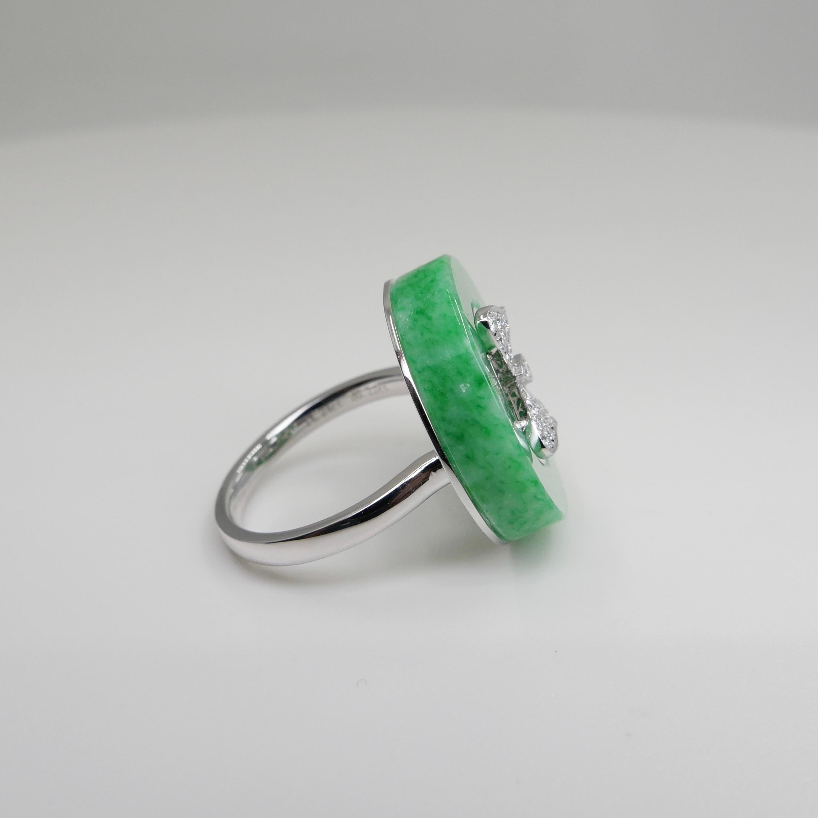 Certified Apple Green Jade 14.24 Cts and Diamond Butterfly Ring, Well Designed For Sale 11
