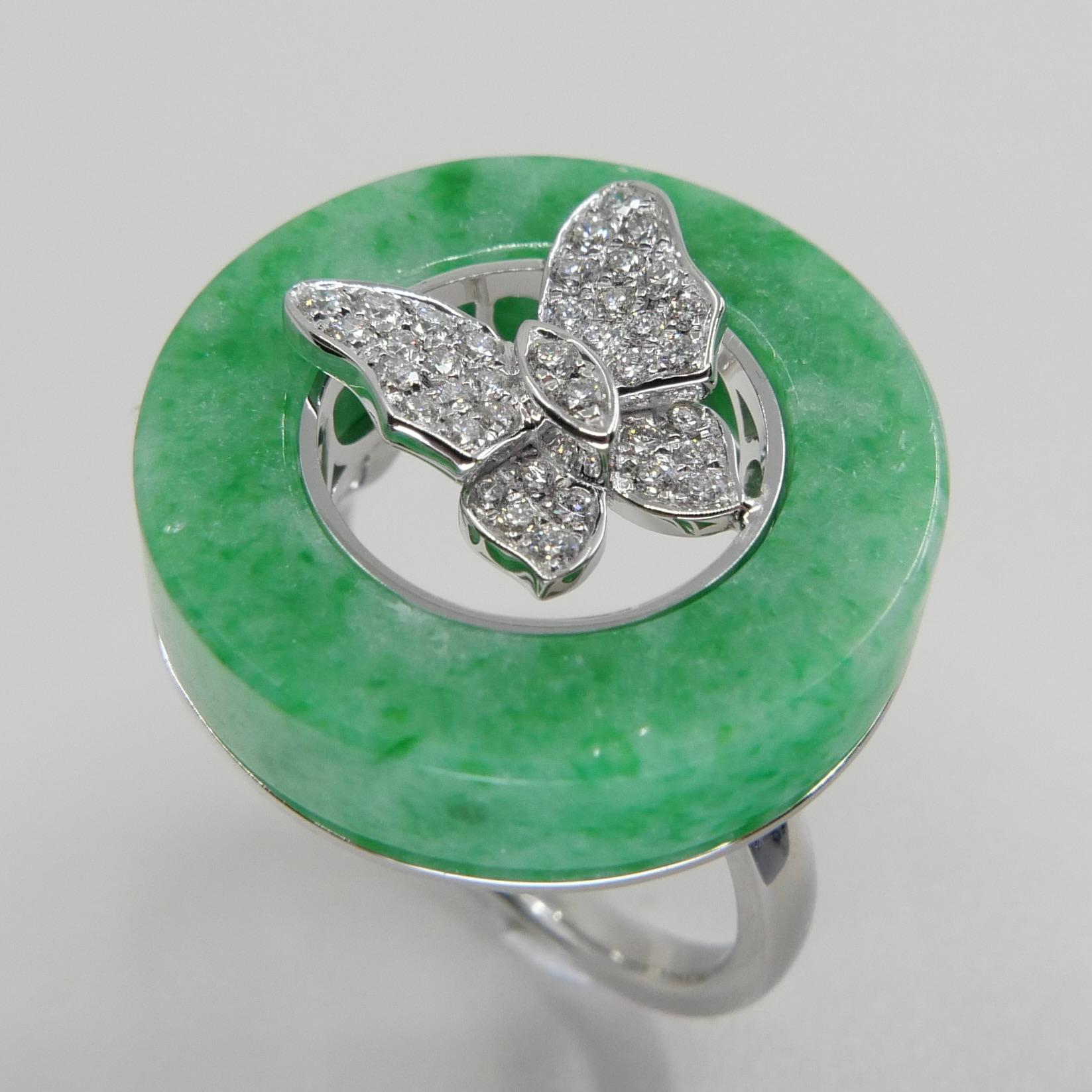 Certified Apple Green Jade 14.24 Cts and Diamond Butterfly Ring, Well Designed For Sale 2