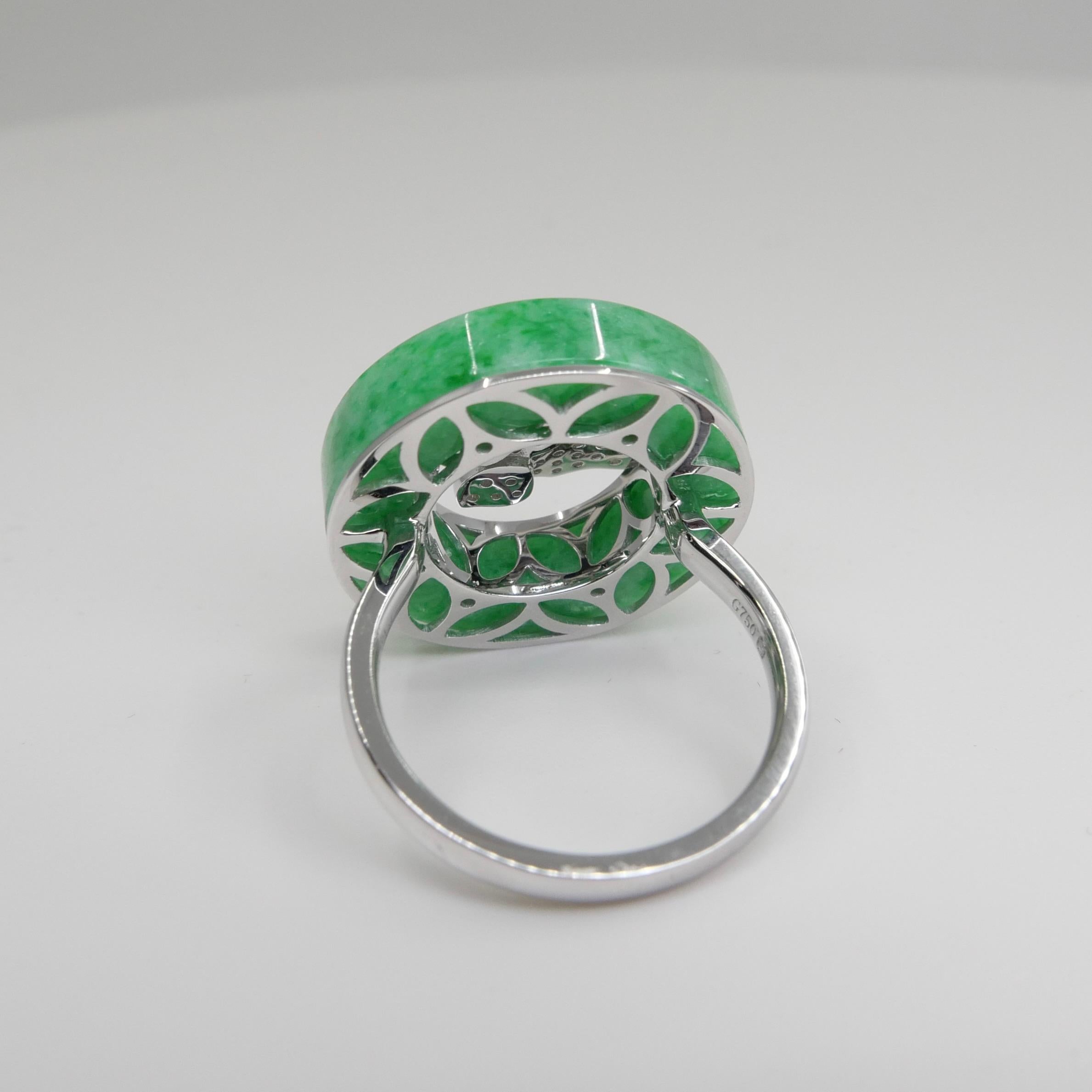 Certified Apple Green Jade 14.24 Cts and Diamond Butterfly Ring, Well Designed For Sale 3