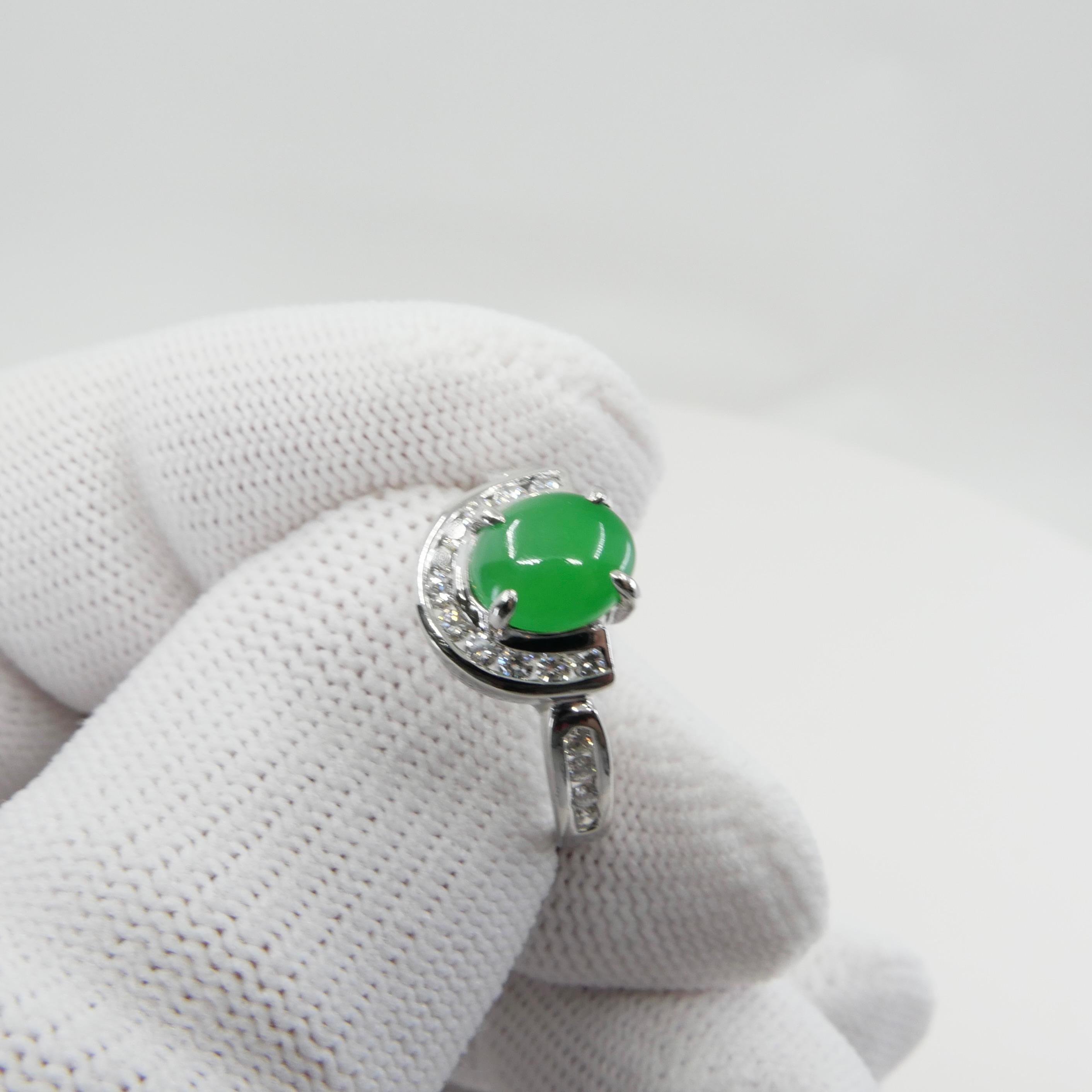 Contemporary Certified Apple Green Jade & Diamond Horseshoe Cocktail Ring, Double Luckiness For Sale
