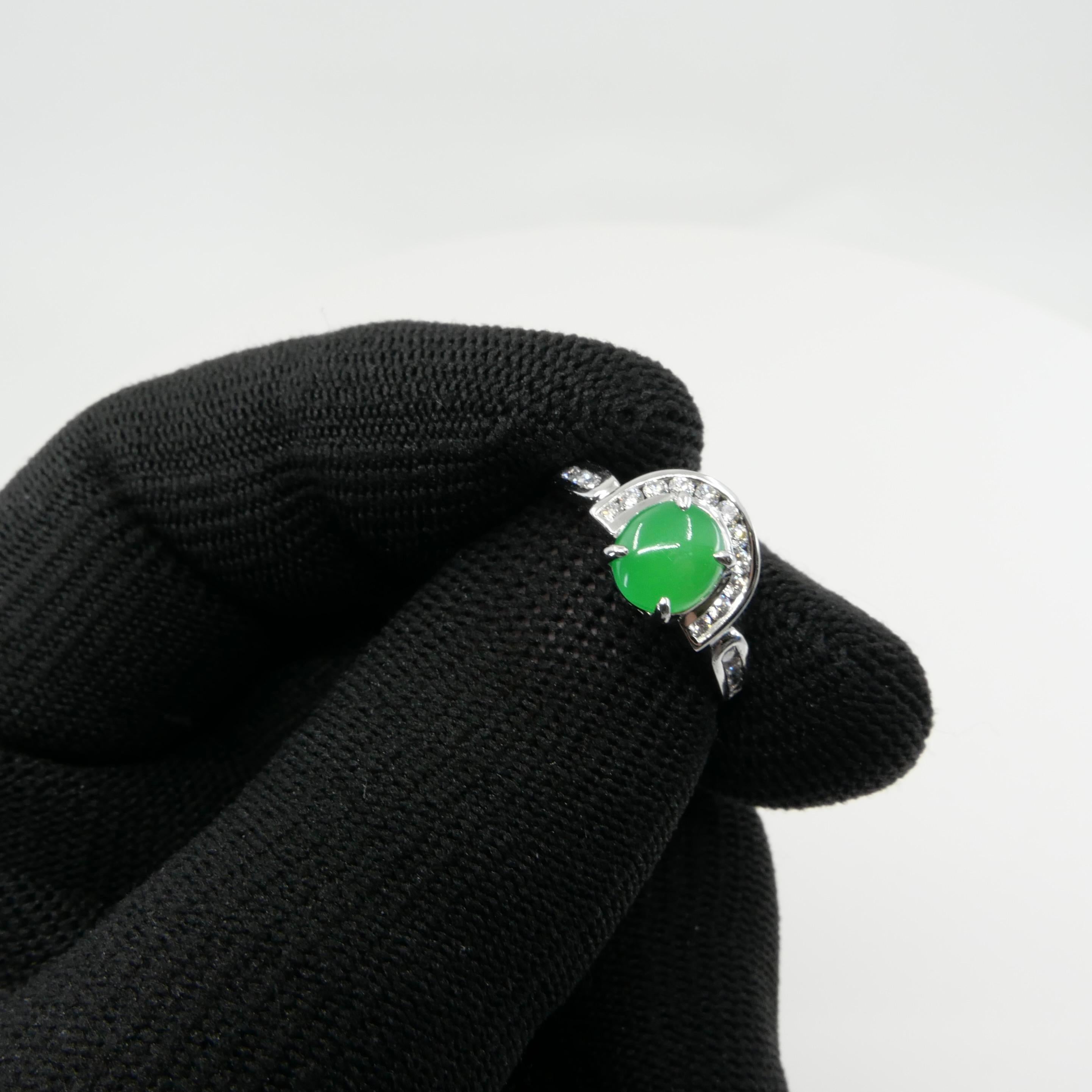 Cabochon Certified Apple Green Jade & Diamond Horseshoe Cocktail Ring, Double Luckiness For Sale
