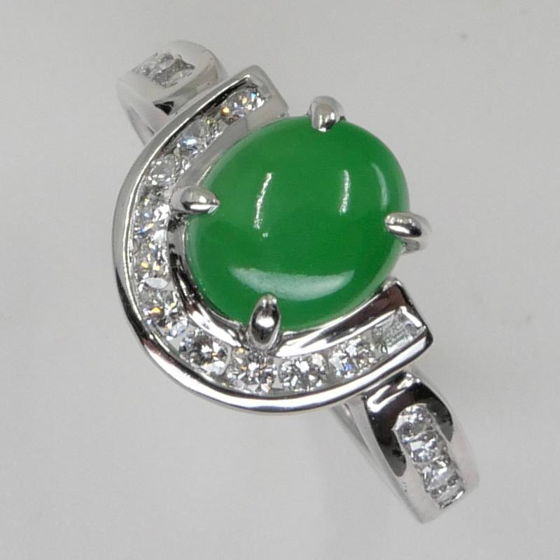 Women's Certified Apple Green Jade & Diamond Horseshoe Cocktail Ring, Double Luckiness For Sale
