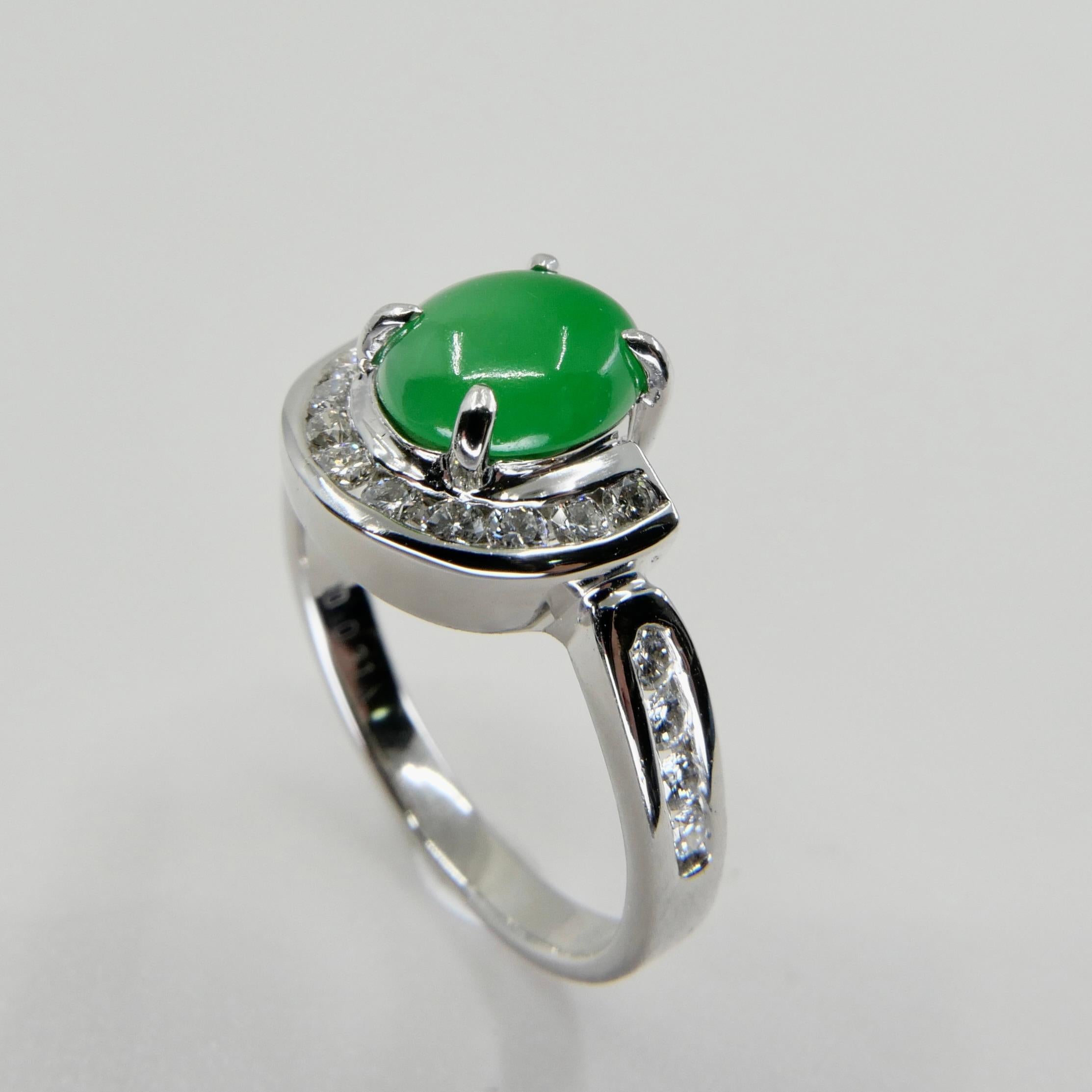 Certified Apple Green Jade & Diamond Horseshoe Cocktail Ring, Double Luckiness For Sale 3
